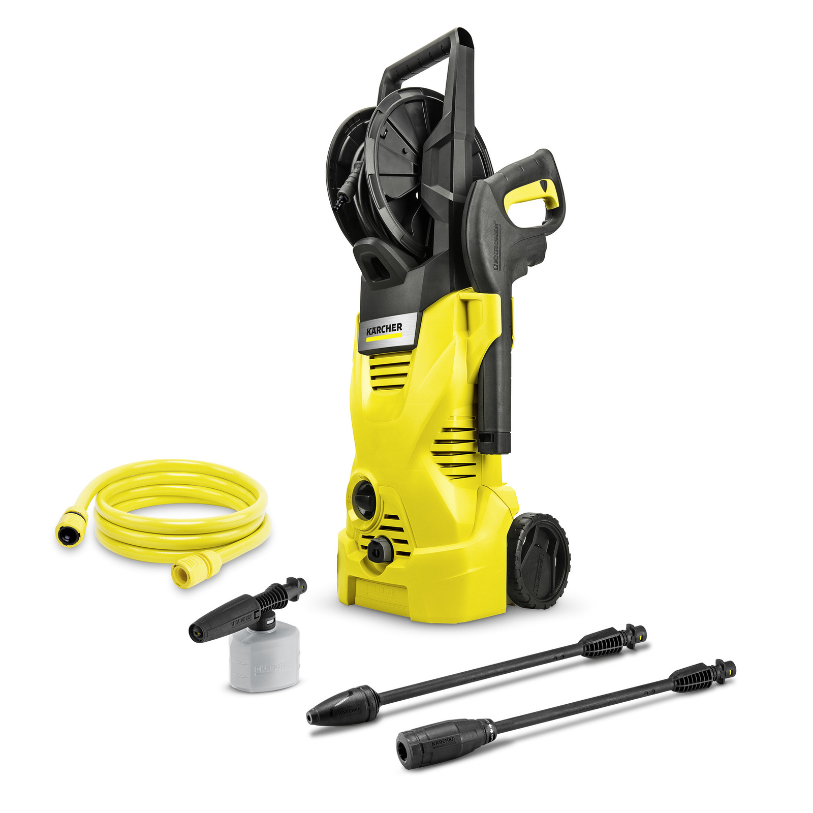 Kärcher high-pressure cleaner with hose, detergent bottle, and two spray lances on a white background. Kärcher high-pressure cleaner with hose, detergent bottle, and two spray lances on a white background.