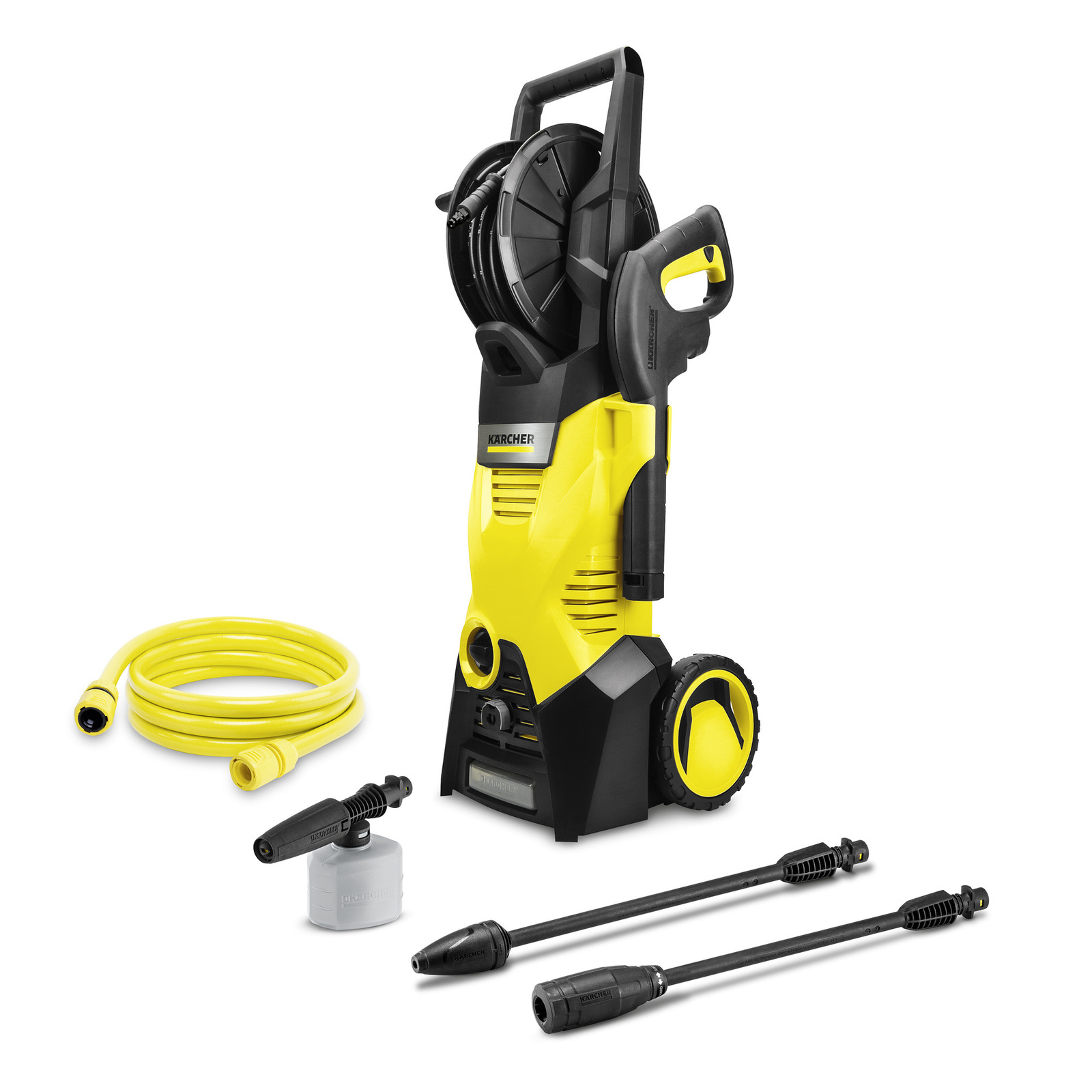 Kärcher high-pressure cleaner with hose, spray gun, and two lance attachments, all in yellow and black.