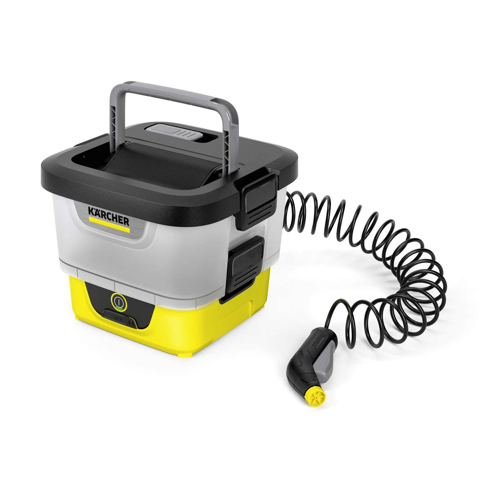 Kärcher portable cleaner with a grey handle, black lid, yellow base, and coiled hose attached to a nozzle.