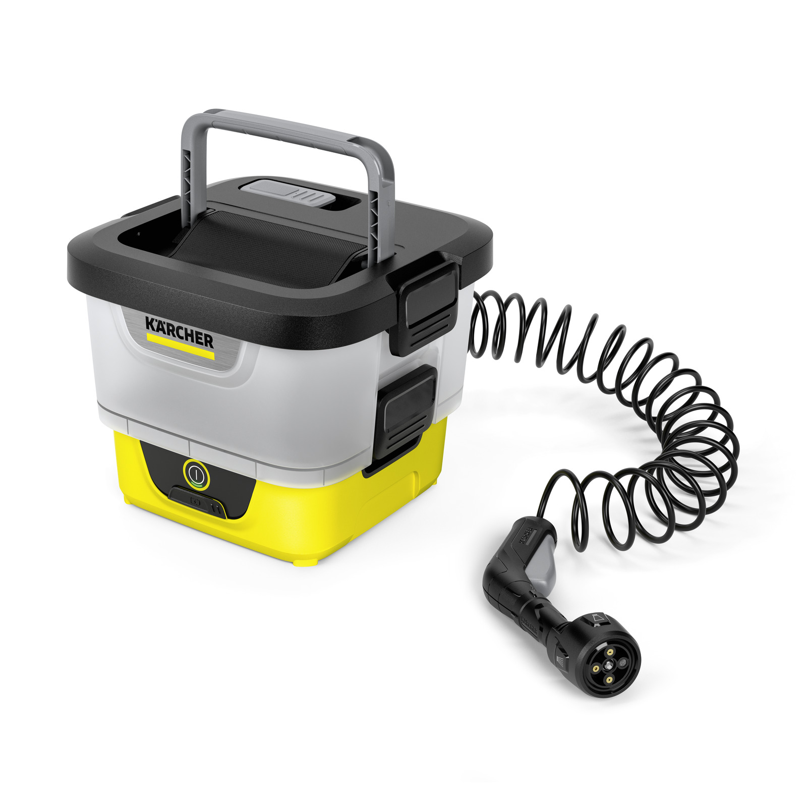 Kärcher portable cleaner with a grey handle, black lid, and yellow base, connected to a coiled black hose. Kärcher portable cleaner with a grey handle, black lid, and yellow base, connected to a coiled black hose.
