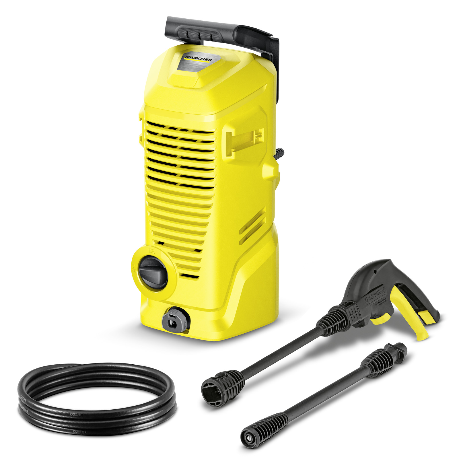 Yellow Kärcher high-pressure cleaner with hose, spray gun, and lance attachments on a white background.