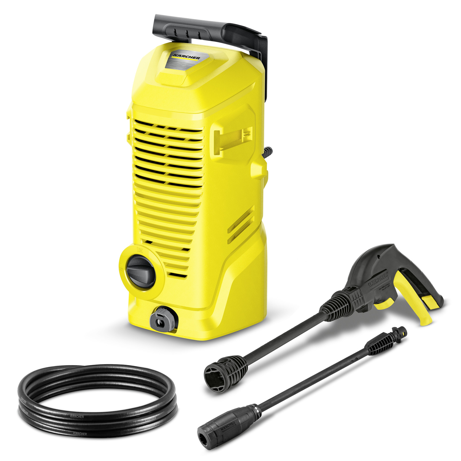 Yellow Kärcher high-pressure cleaner with black hose and spray gun attachment on white background.
