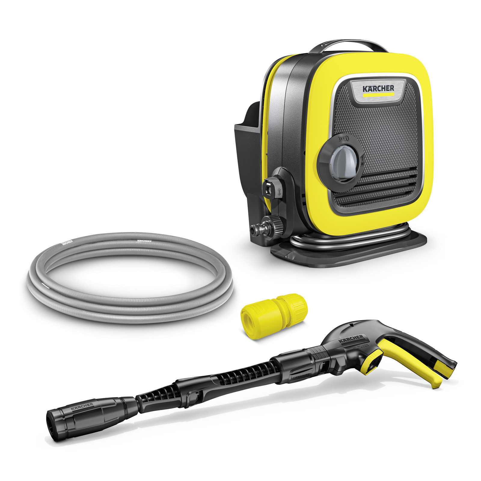 Kärcher high-pressure cleaner with hose, yellow nozzle, and black spray gun on white background.