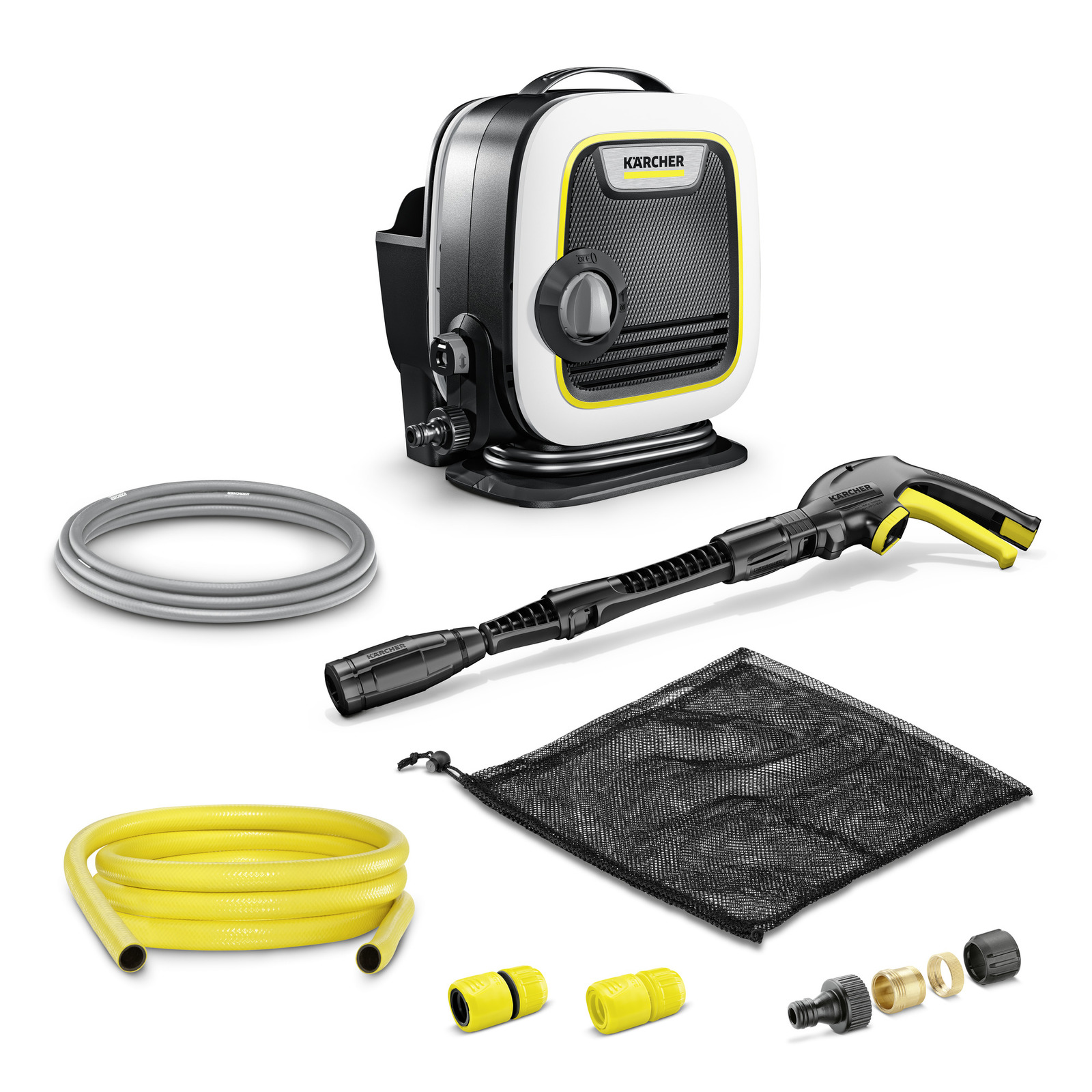 Set de curățare Kärcher cu aparat de presiune, furtunuri galbene și gri, pistol de apă și accesorii diverse pe fundal alb. Set de curățare Kärcher cu aparat de presiune, furtunuri galbene și gri, pistol de apă și accesorii diverse pe fundal alb.