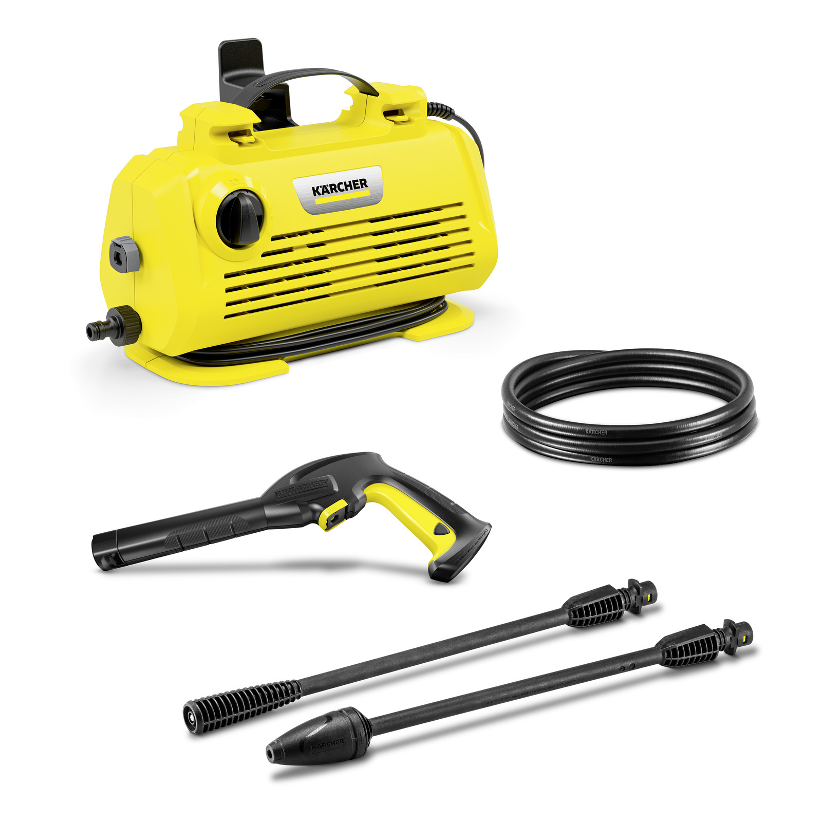Yellow Kärcher high-pressure cleaner with hose, spray gun, and two lance attachments on a white background.