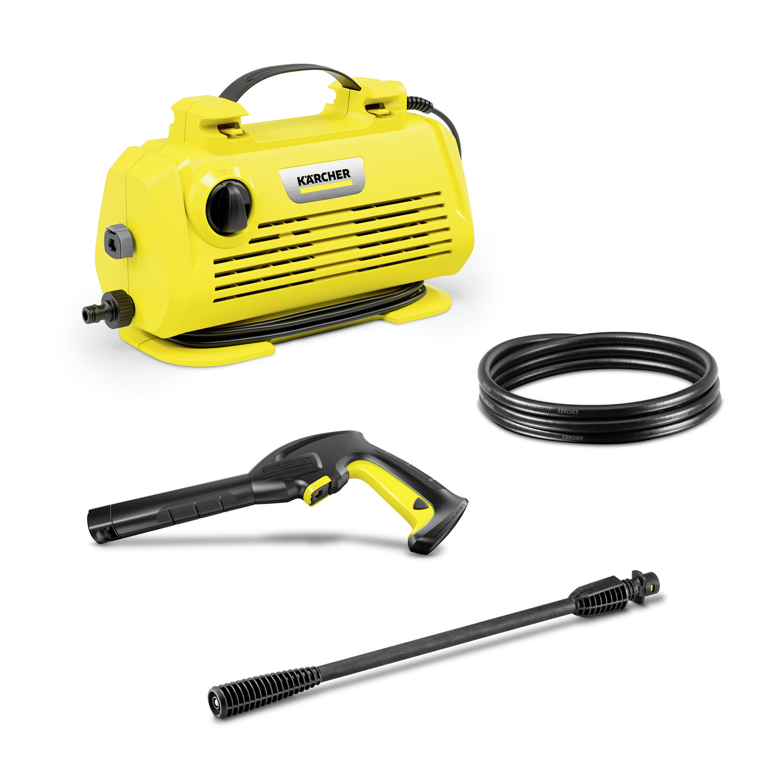 Yellow Kärcher high-pressure cleaner with hose, spray gun, and lance on a white background.