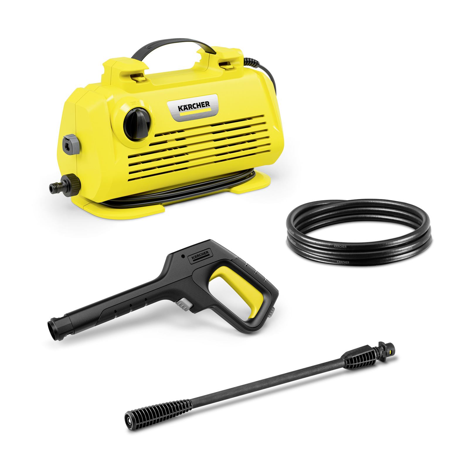 Yellow Kärcher high-pressure cleaner with black hose, spray gun, and lance on a white background. Yellow Kärcher high-pressure cleaner with black hose, spray gun, and lance on a white background.