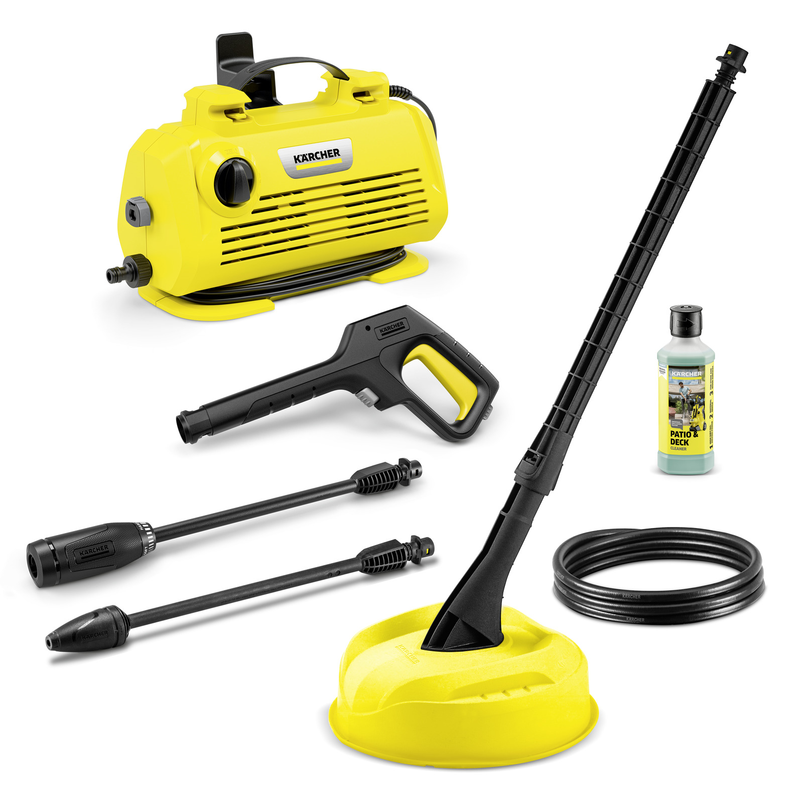 Set de curățare Kärcher, include aparat de curățat cu presiune, lance, pistol, detergent, furtun și accesoriu pentru terase.