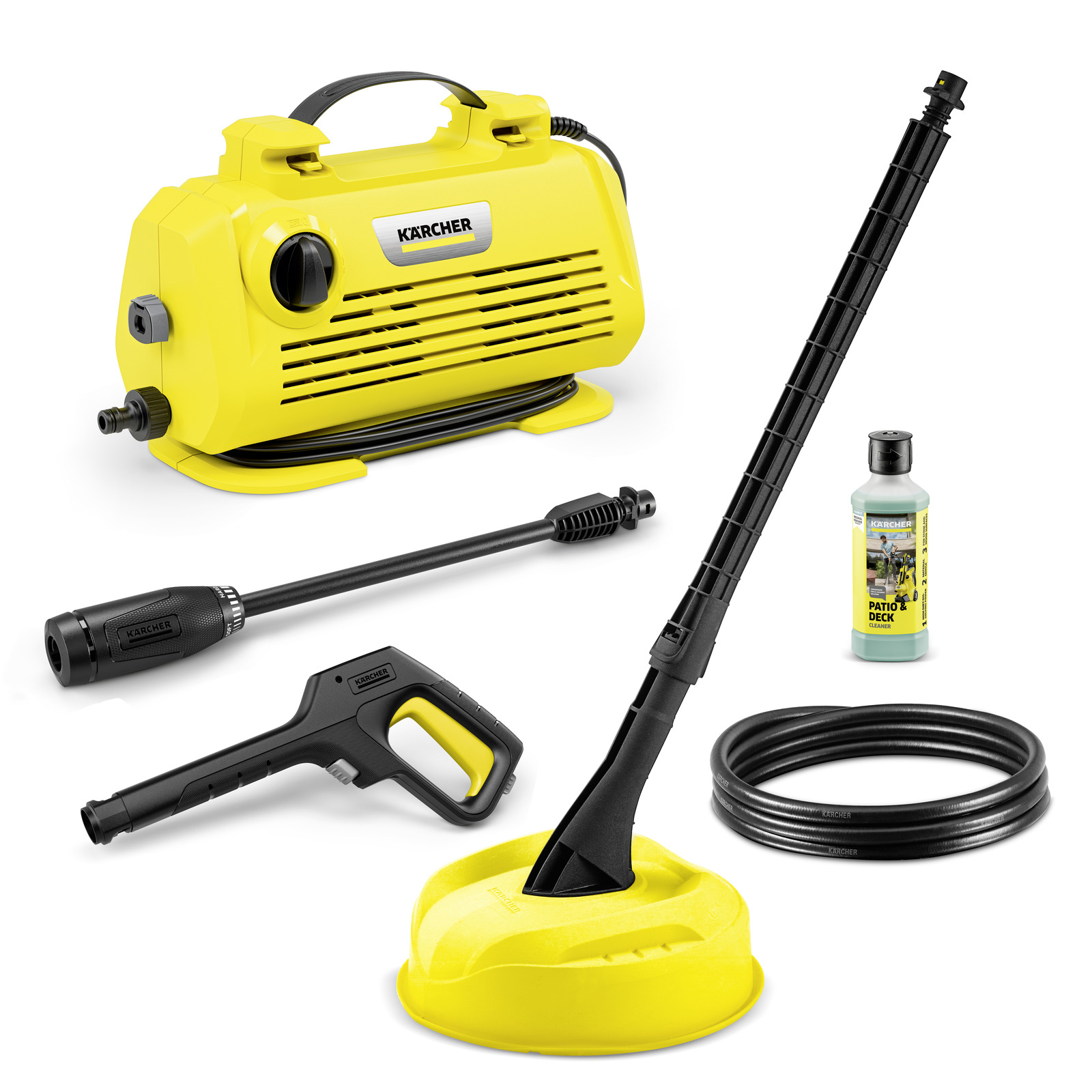 Set de curățare Kärcher, incluzând un aparat de curățat cu presiune, accesorii, furtun și detergent pentru terase.