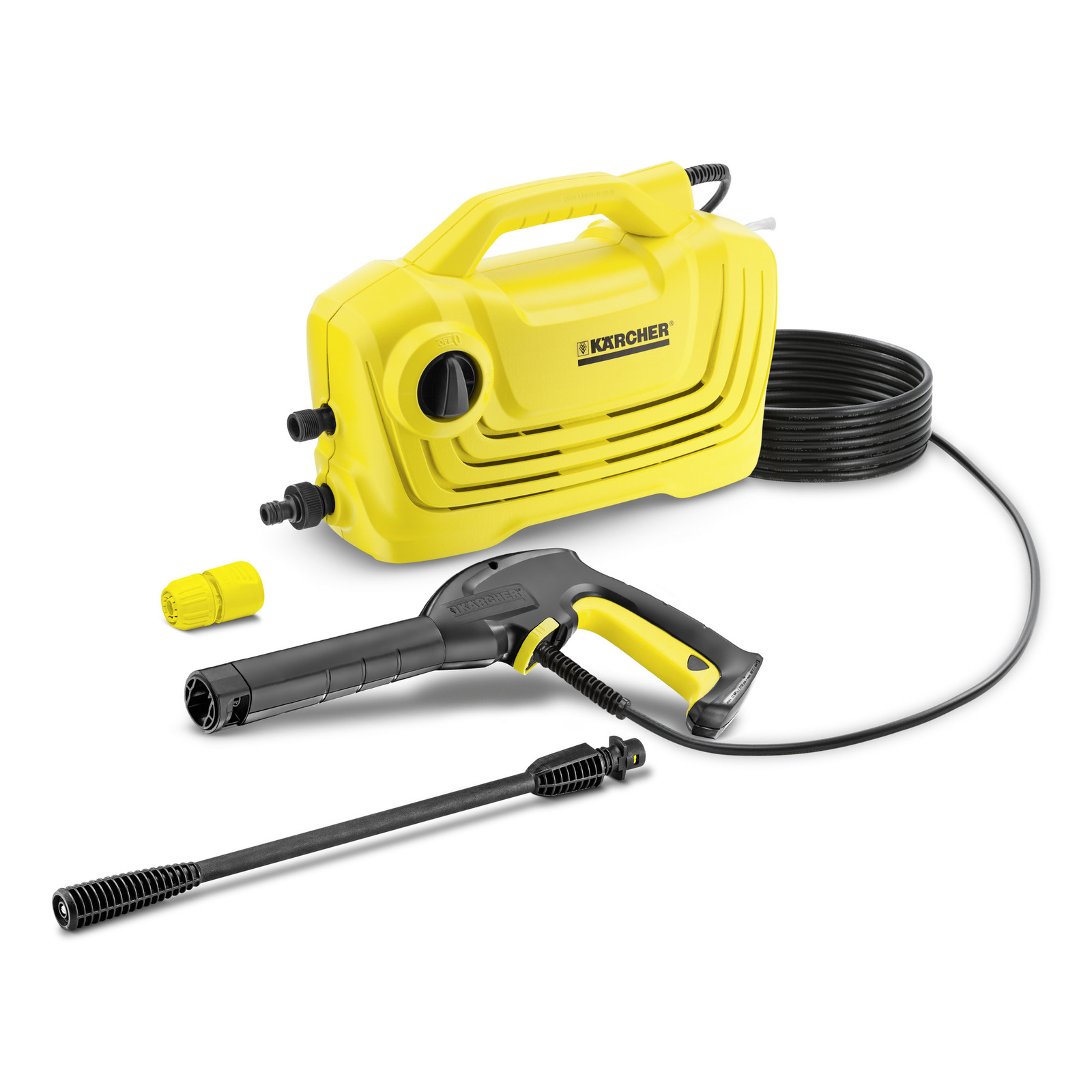 Yellow Kärcher high-pressure cleaner with hose, nozzle, and spray gun on a white background.