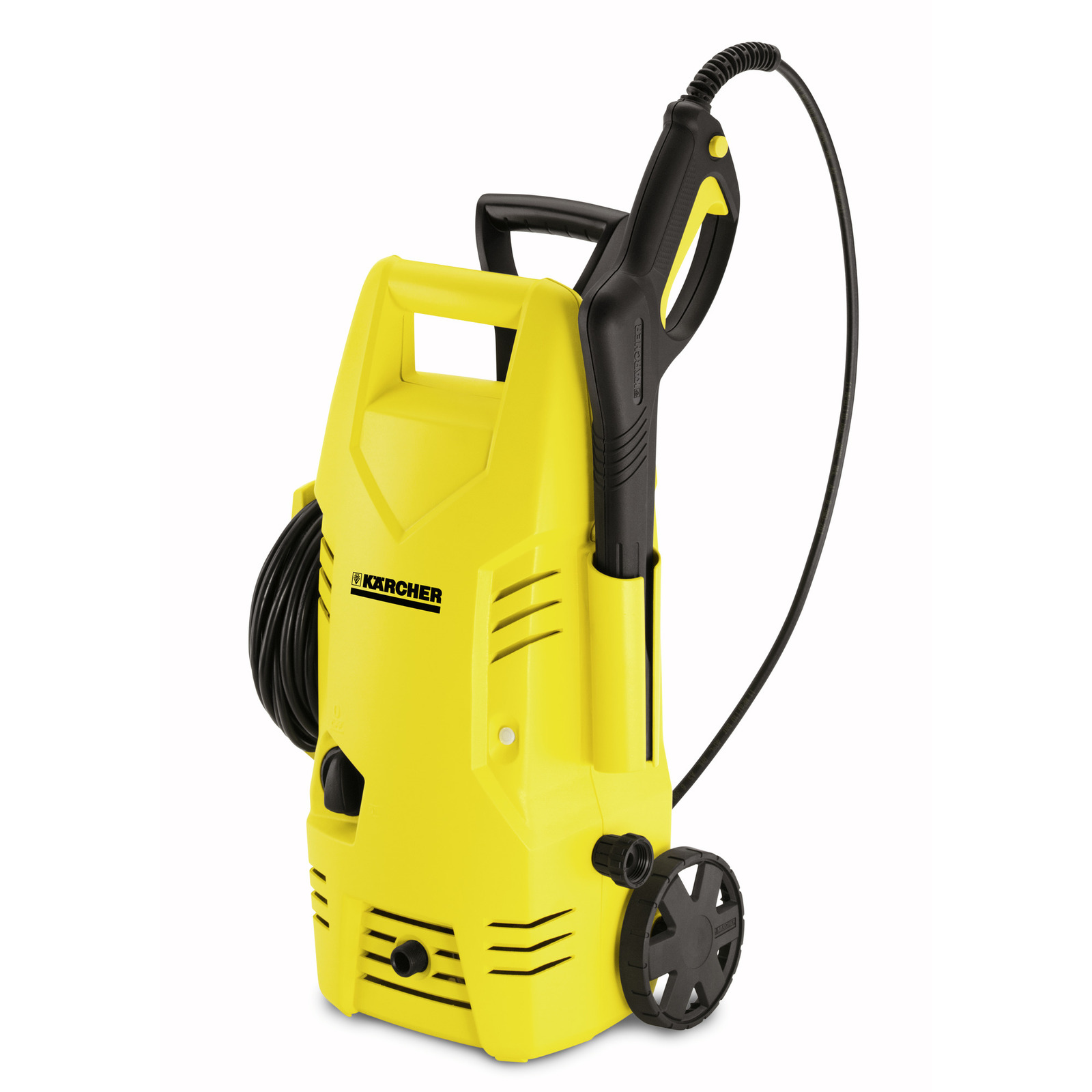 Yellow Kärcher high-pressure cleaner with black hose and handle, featuring wheels for mobility. Yellow Kärcher high-pressure cleaner with black hose and handle, featuring wheels for mobility.