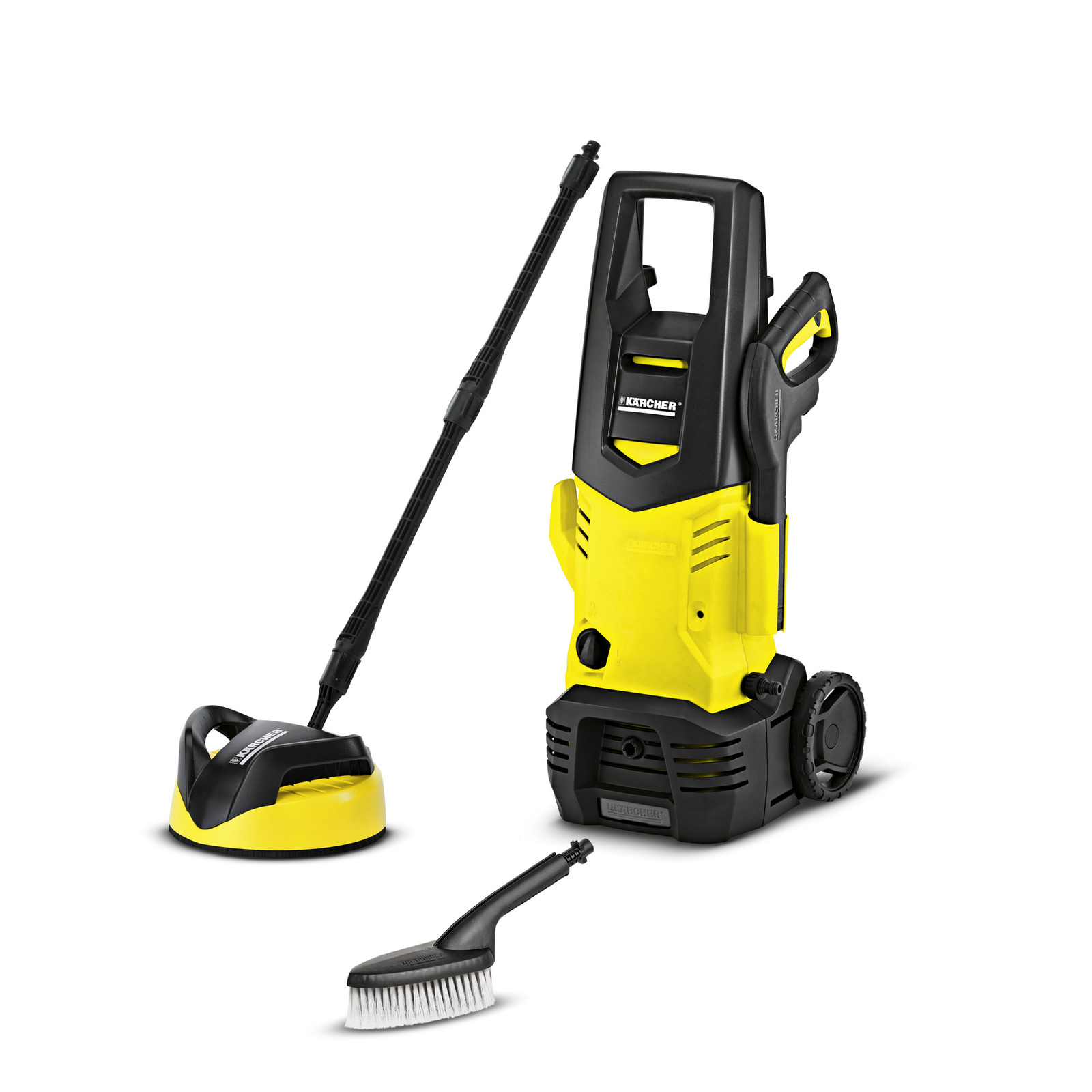 Kärcher high-pressure cleaner with yellow and black design, surface cleaner attachment, and a brush with white bristles. Kärcher high-pressure cleaner with yellow and black design, surface cleaner attachment, and a brush with white bristles.