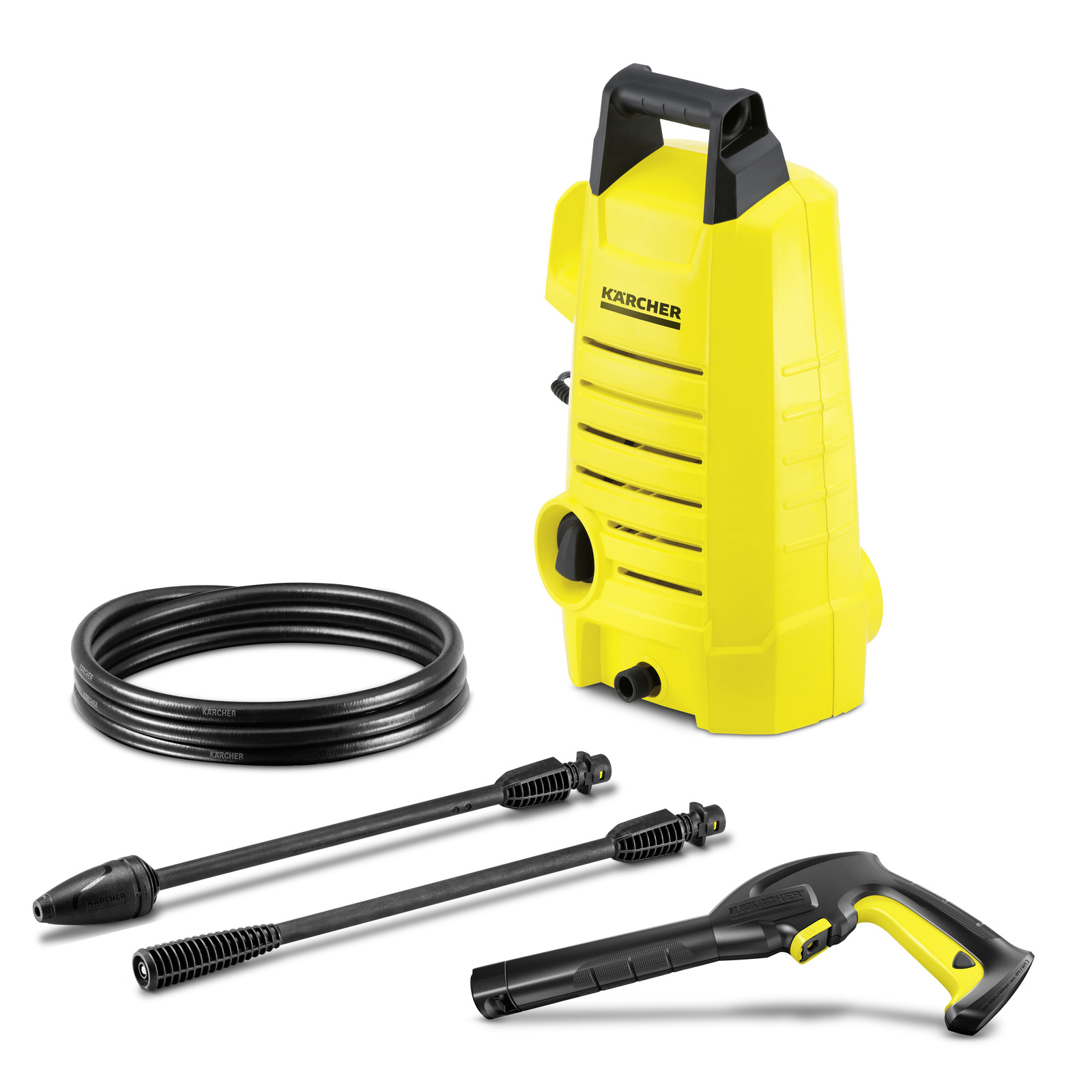 Yellow Kärcher high-pressure cleaner with hose, two spray lances, and trigger gun on white background.