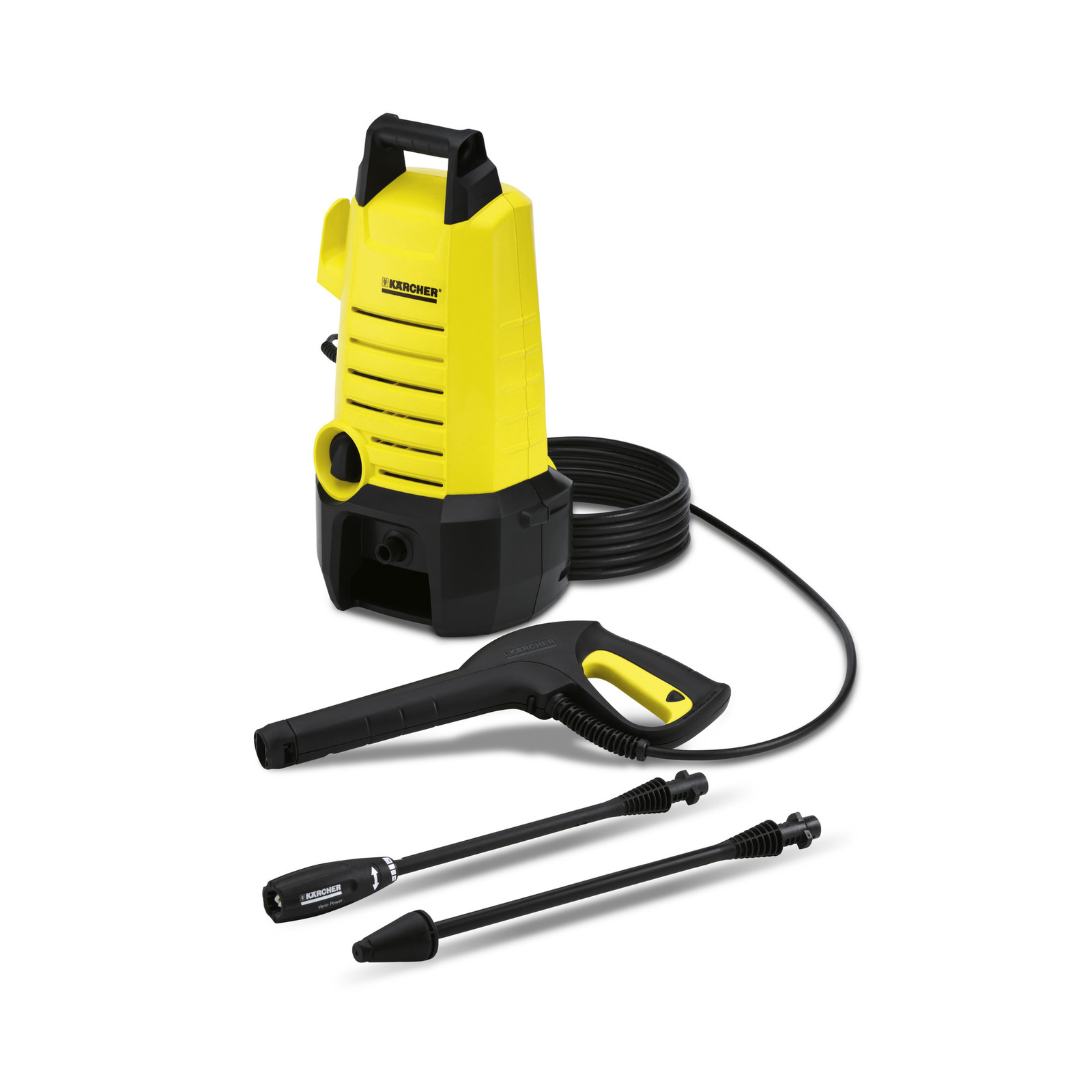 Yellow Kärcher high-pressure cleaner with hose, spray gun, and two lance attachments on a white background.