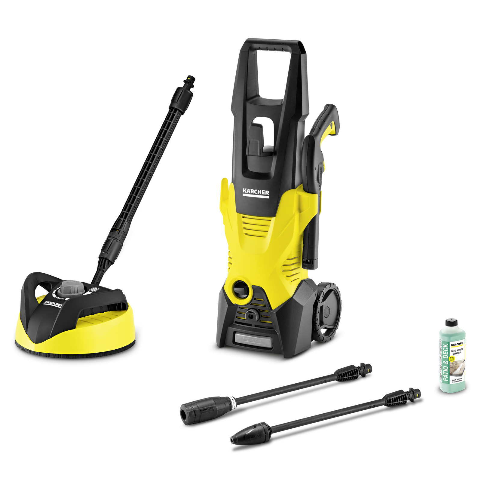 Kärcher high-pressure cleaner with surface cleaner attachment, two nozzles, and detergent bottle.