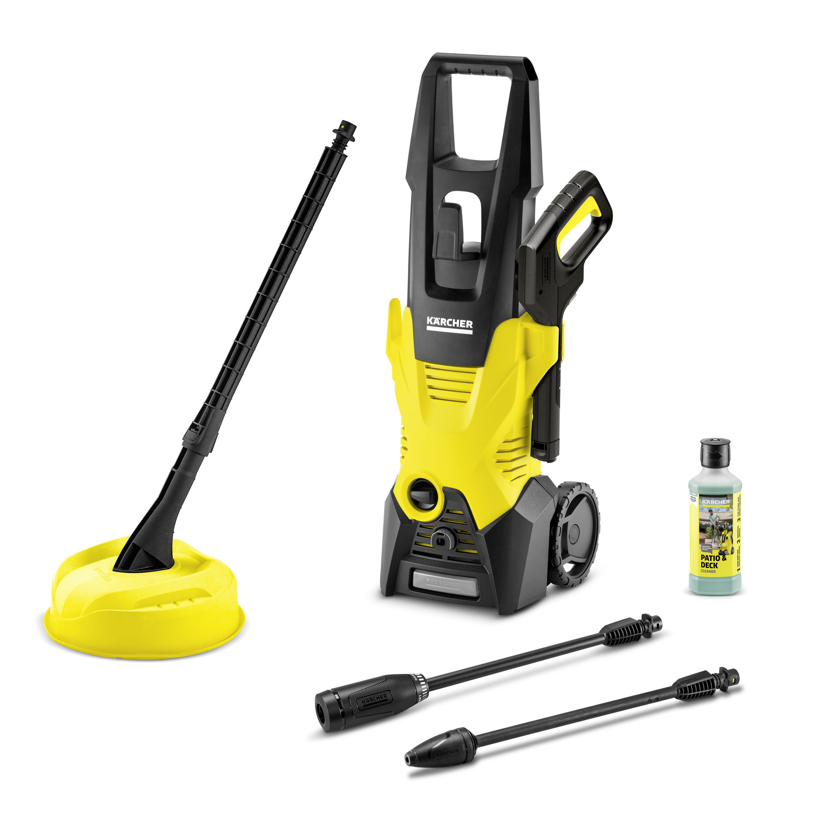 Kärcher high-pressure cleaner with accessories, including a surface cleaner, two nozzles, and a bottle of cleaning solution.