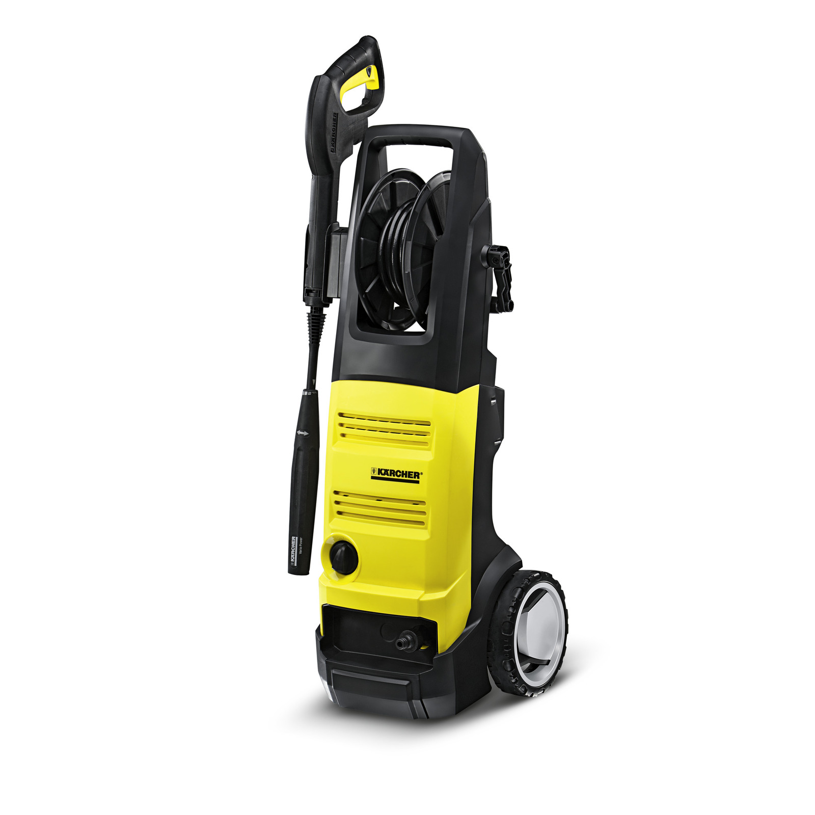 Yellow Kärcher high-pressure cleaner with hose reel and handle, set against a white background. Yellow Kärcher high-pressure cleaner with hose reel and handle, set against a white background.
