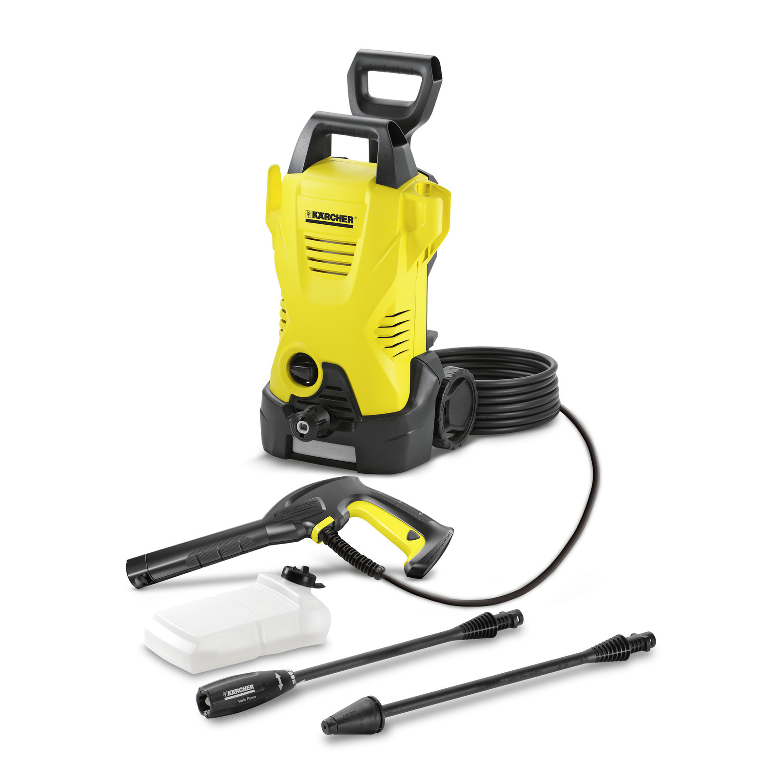 Kärcher high-pressure cleaner with handle, hose, spray gun, detergent bottle, and two nozzles on a white background.