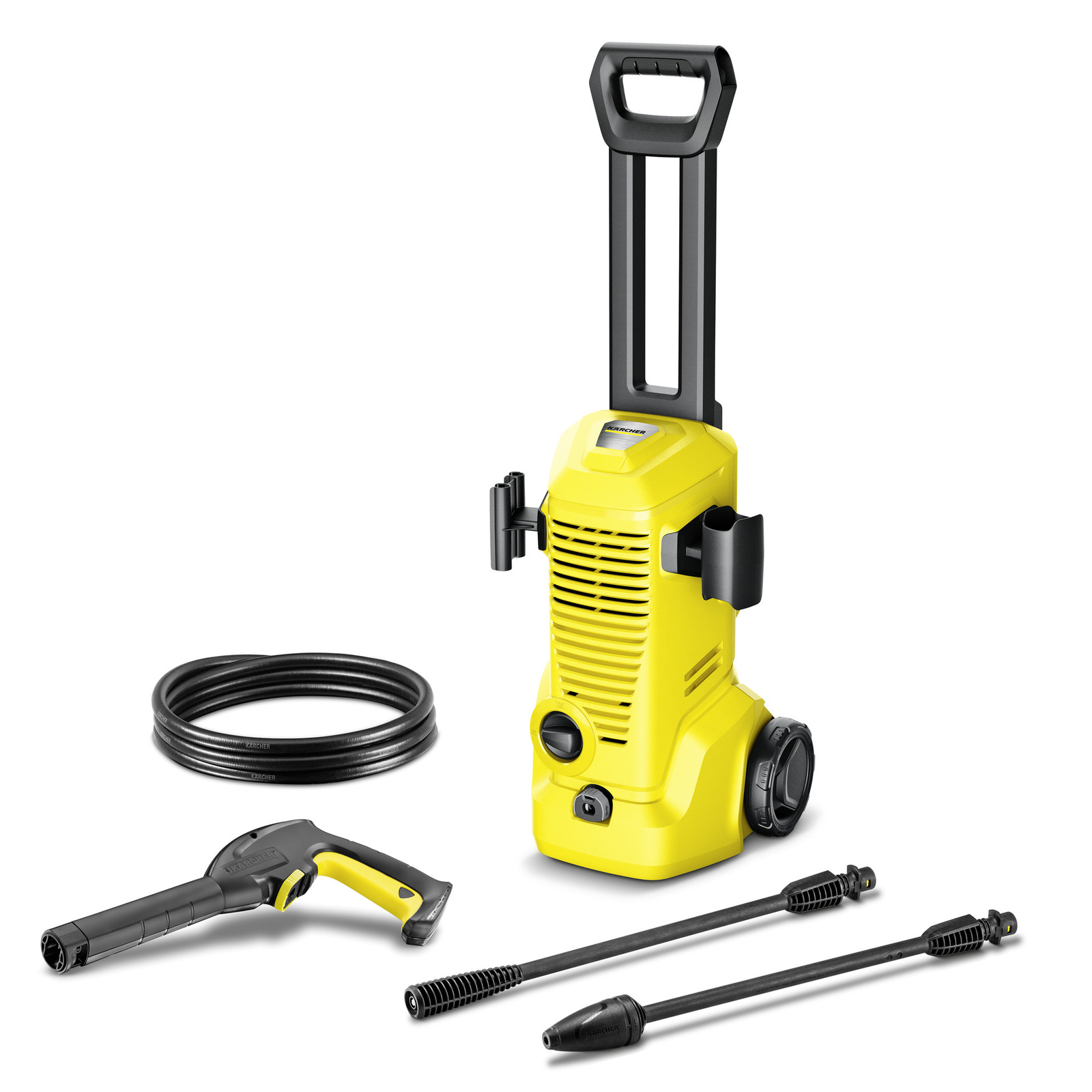 Yellow Kärcher high-pressure cleaner with hose, spray gun, and two lance attachments on a white background. Yellow Kärcher high-pressure cleaner with hose, spray gun, and two lance attachments on a white background.