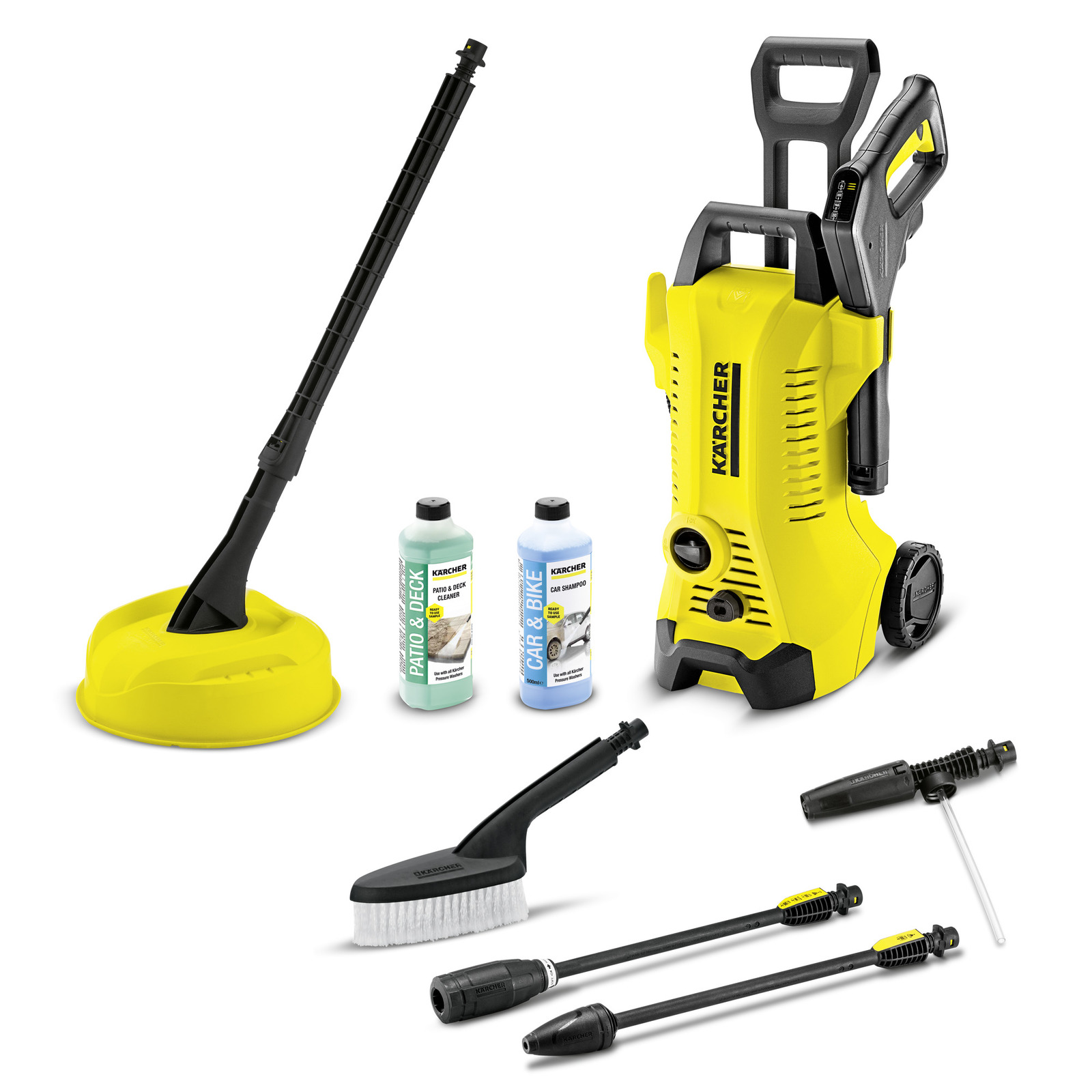 Kärcher hogedrukreiniger met accessoires: terrasreiniger, twee reinigingsmiddelen, borstel en drie spuitlansen.