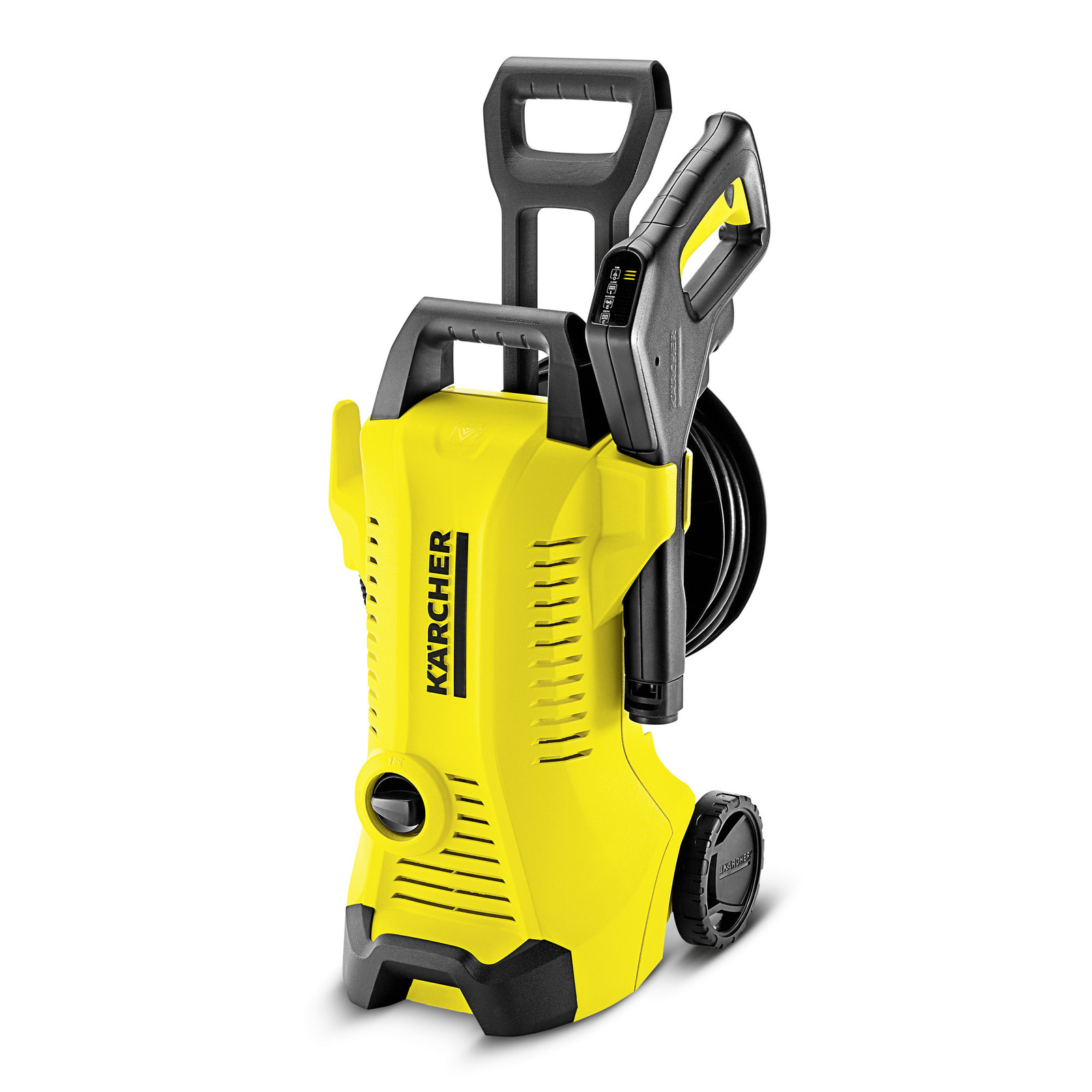 Yellow Kärcher high-pressure cleaner with black handle and wheels, hose reel attached on the side. Yellow Kärcher high-pressure cleaner with black handle and wheels, hose reel attached on the side.