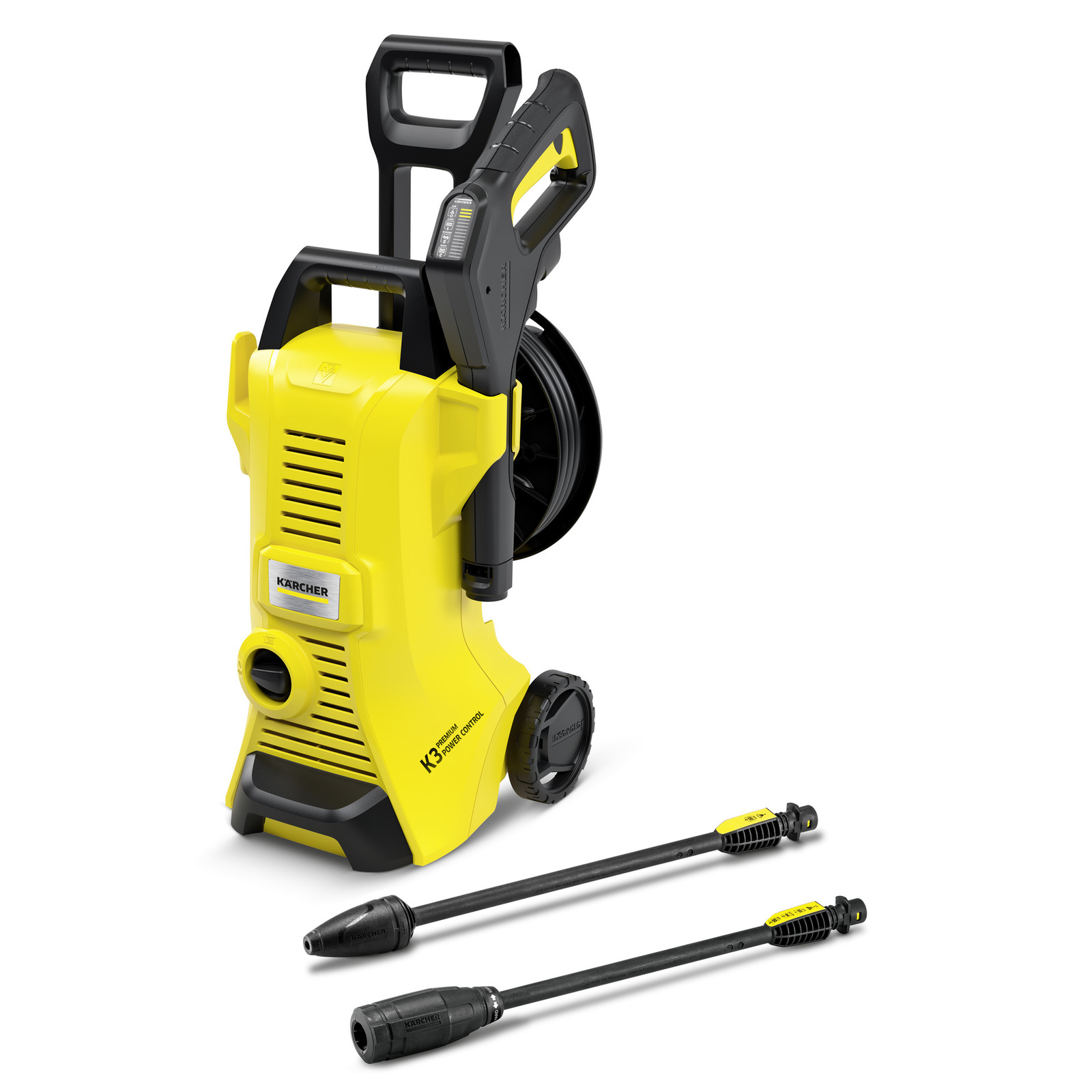 Aparat de curățat cu presiune Kärcher K3 Power Control, galben, cu două lance negre detașabile.