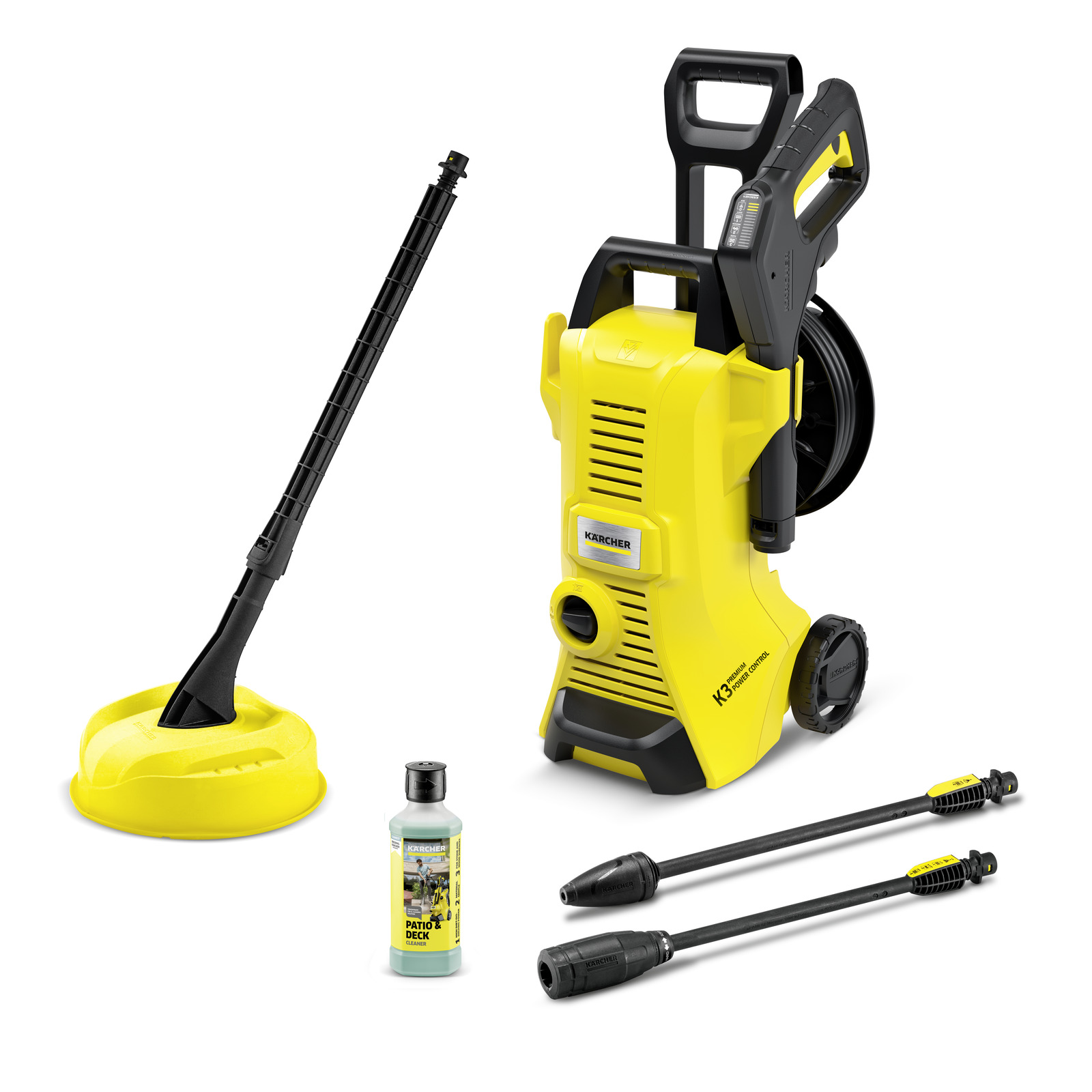 Aspirator Kärcher K3 cu accesorii: duză, detergent pentru terase și două lance de presiune. Design galben și negru. Aspirator Kärcher K3 cu accesorii: duză, detergent pentru terase și două lance de presiune. Design galben și negru.
