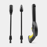 Three Kärcher high-pressure cleaner nozzles, including a trigger gun and two lance attachments, displayed vertically on a white background.