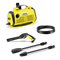Kärcher high-pressure cleaner set with yellow unit, black hose, spray gun, and two lance attachments on white background.