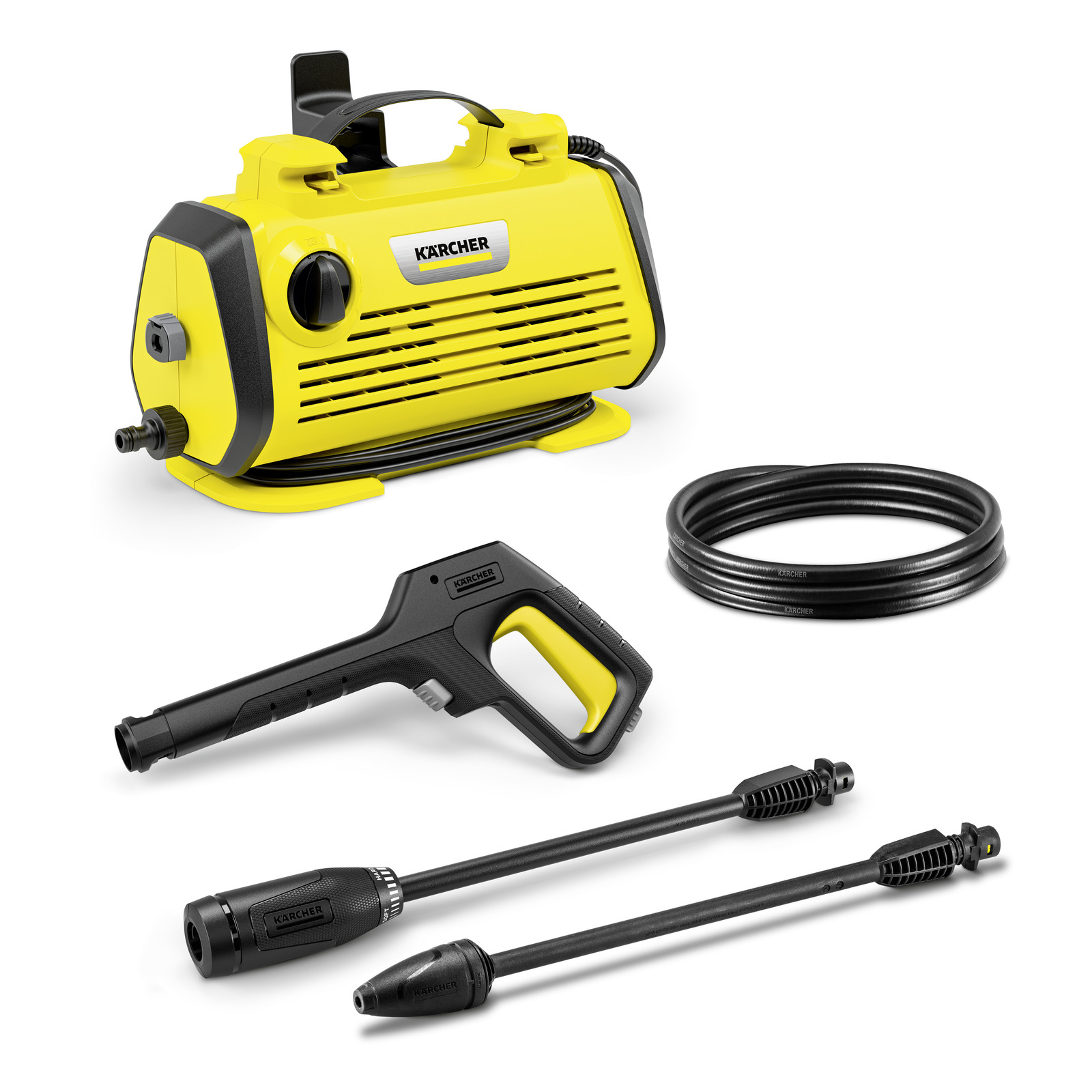 Kärcher high-pressure cleaner set with yellow unit, black hose, spray gun, and two lance attachments. Kärcher high-pressure cleaner set with yellow unit, black hose, spray gun, and two lance attachments.