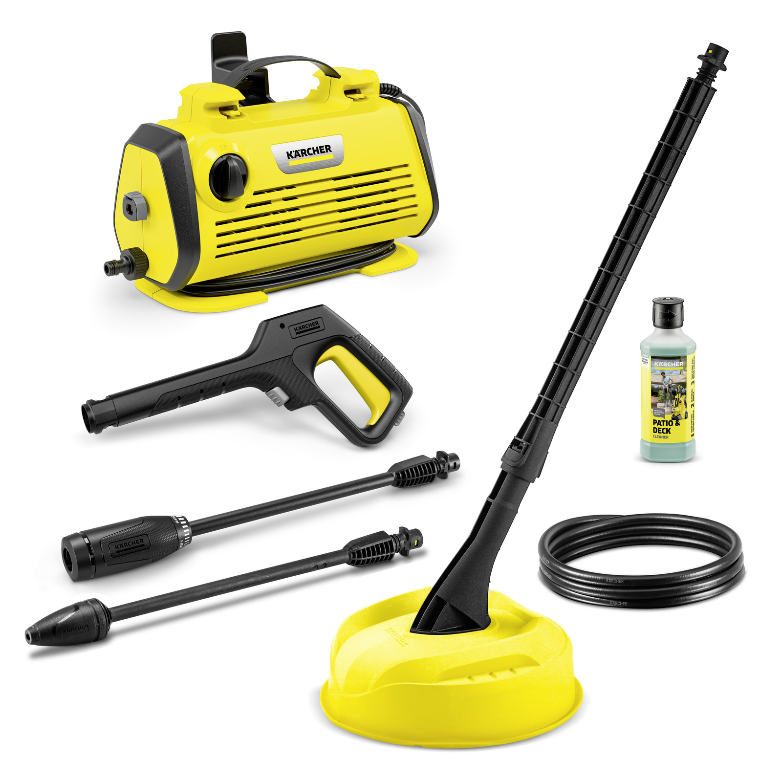 Set de curățare Kärcher, incluzând un aparat de curățat cu presiune, accesorii, furtun și detergent pentru terase.