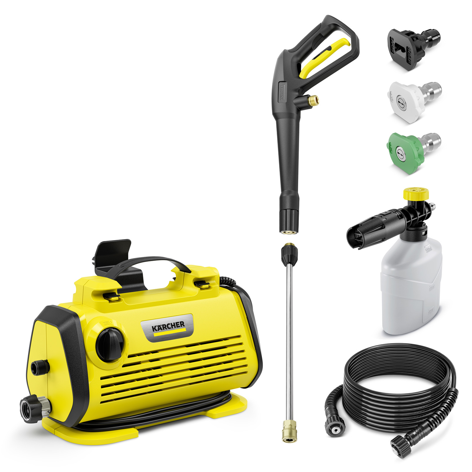 Kärcher high-pressure cleaner with spray gun, detergent bottle, hose, and various nozzles on a white background.
