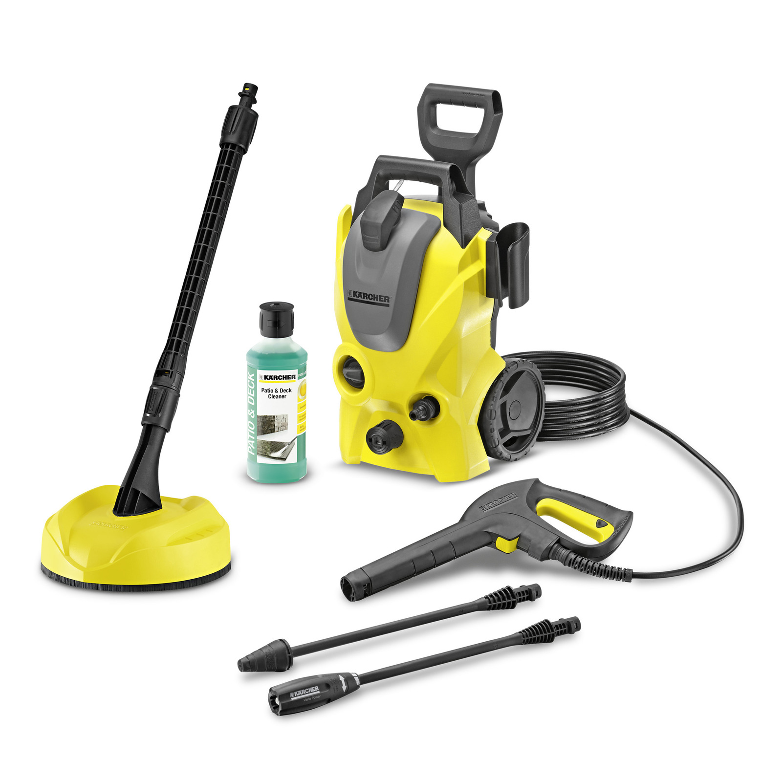 Aspirator Kärcher cu accesorii: lance, pistol, detergent și furtun. Design galben-negru, set pentru curățare.