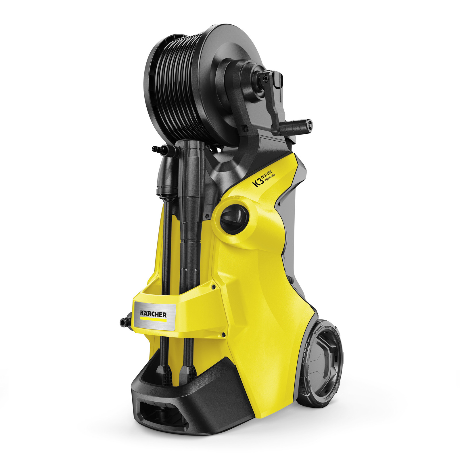 Yellow Kärcher K3 high-pressure cleaner with hose reel, standing on wheels against a white background. Yellow Kärcher K3 high-pressure cleaner with hose reel, standing on wheels against a white background.