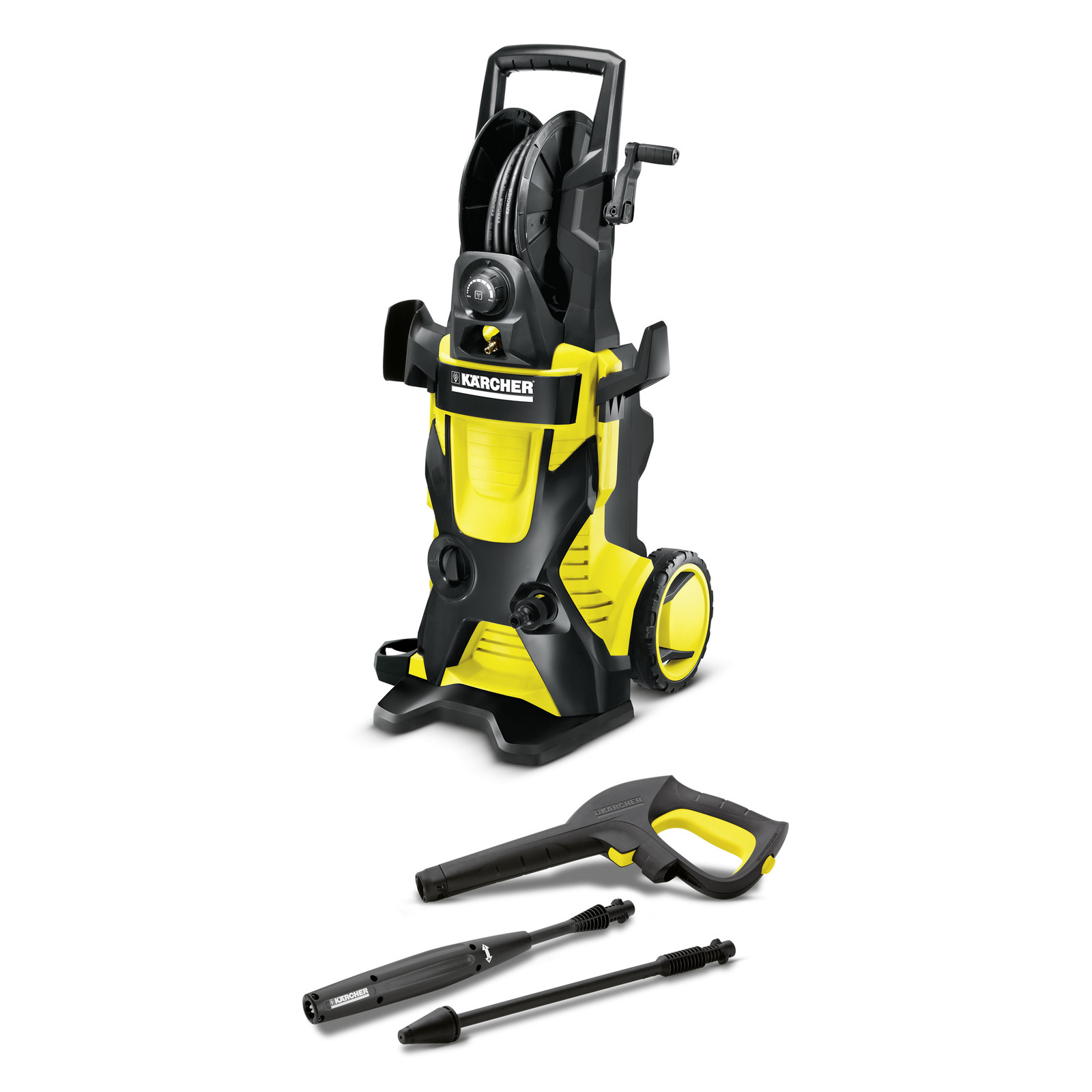 Kärcher high-pressure cleaner with hose reel, spray gun, and two lance attachments, in black and yellow. Kärcher high-pressure cleaner with hose reel, spray gun, and two lance attachments, in black and yellow.