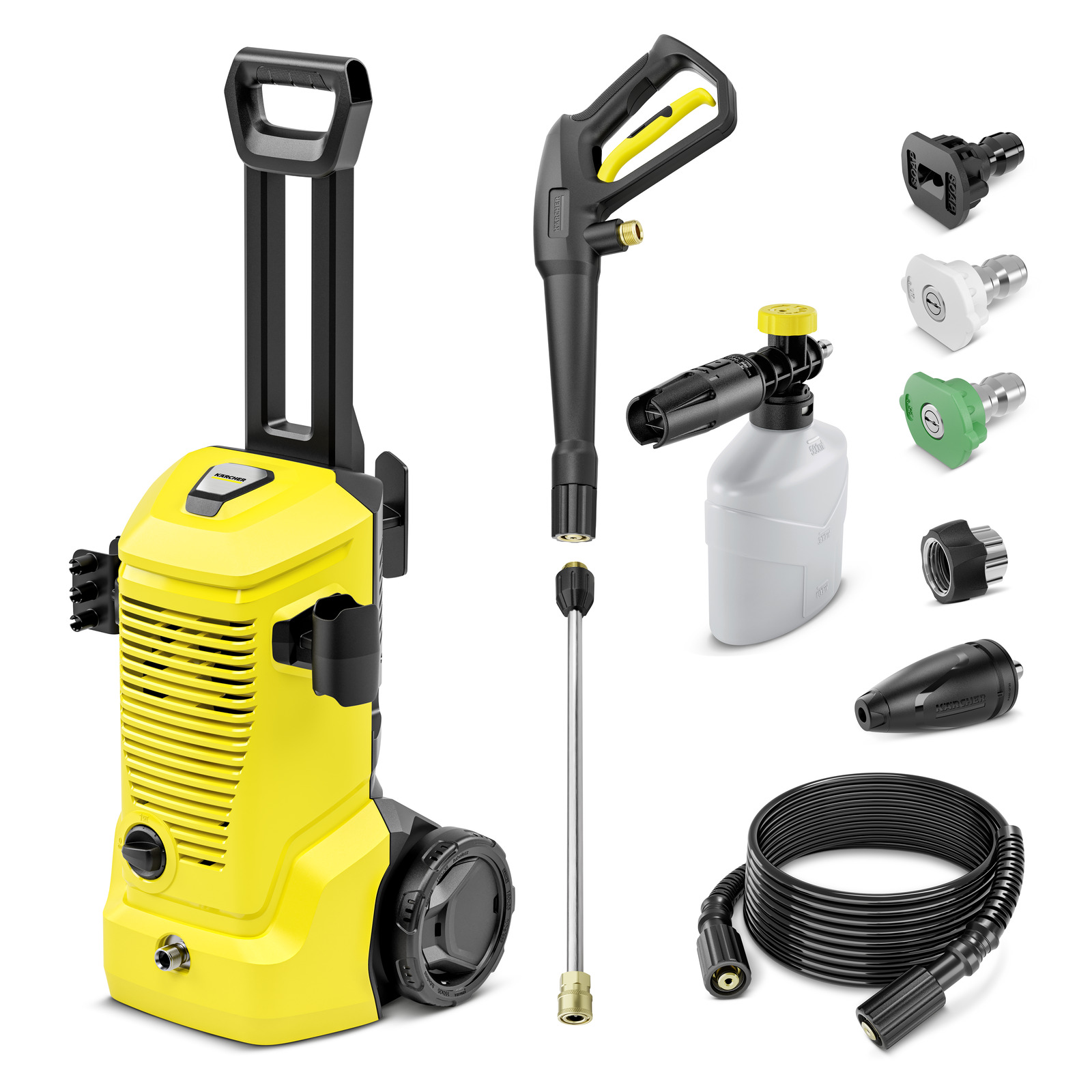 Kärcher high-pressure cleaner with accessories including a spray gun, detergent bottle, hose, and various nozzles on a white background.