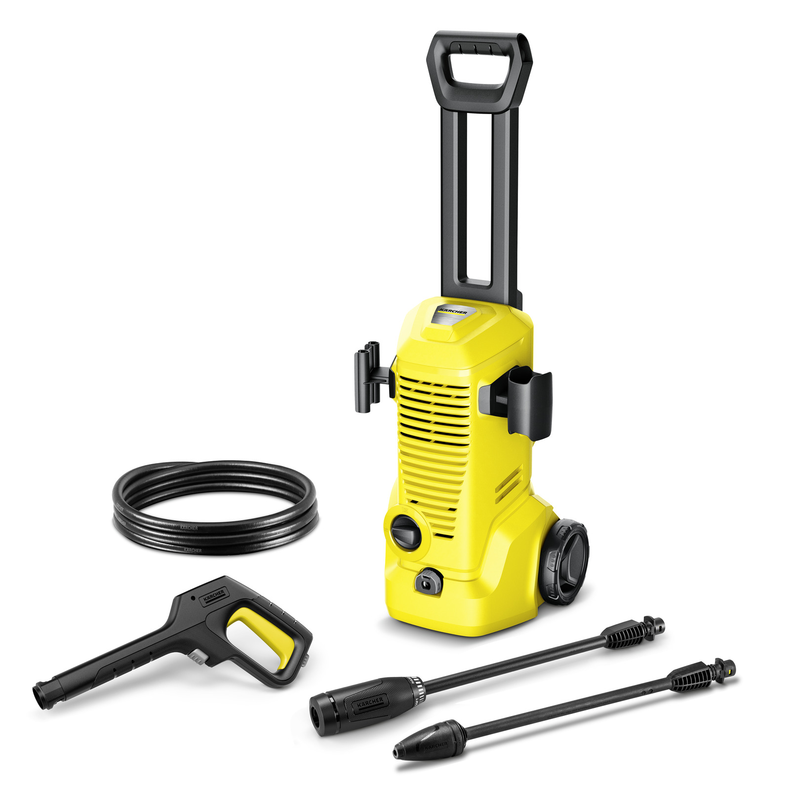 Yellow Kärcher high-pressure cleaner with hose, spray gun, and two lance attachments on a white background.