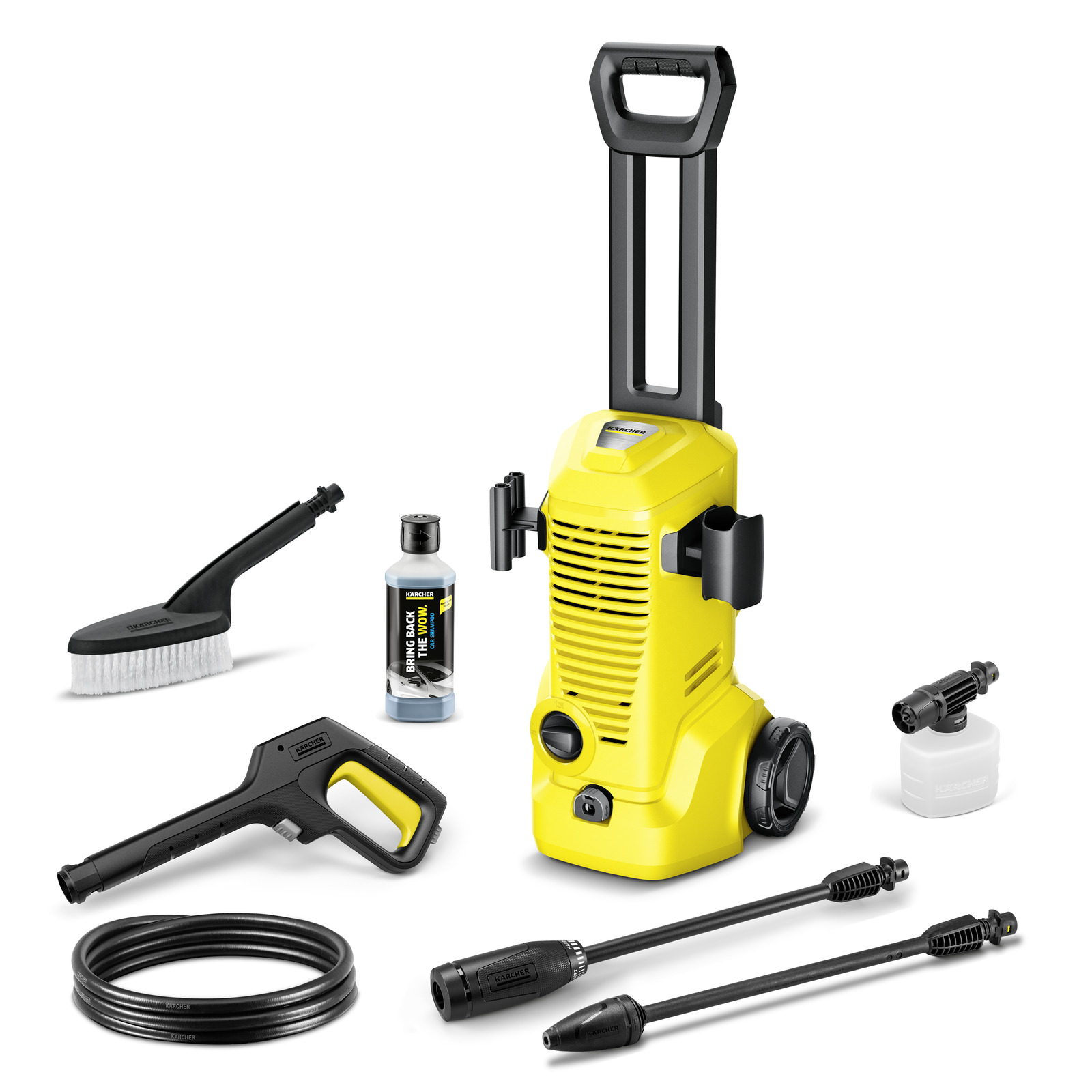 Yellow Kärcher high-pressure cleaner with accessories including a brush, detergent bottle, hose, spray gun, and nozzles on a white background. Yellow Kärcher high-pressure cleaner with accessories including a brush, detergent bottle, hose, spray gun, and nozzles on a white background.