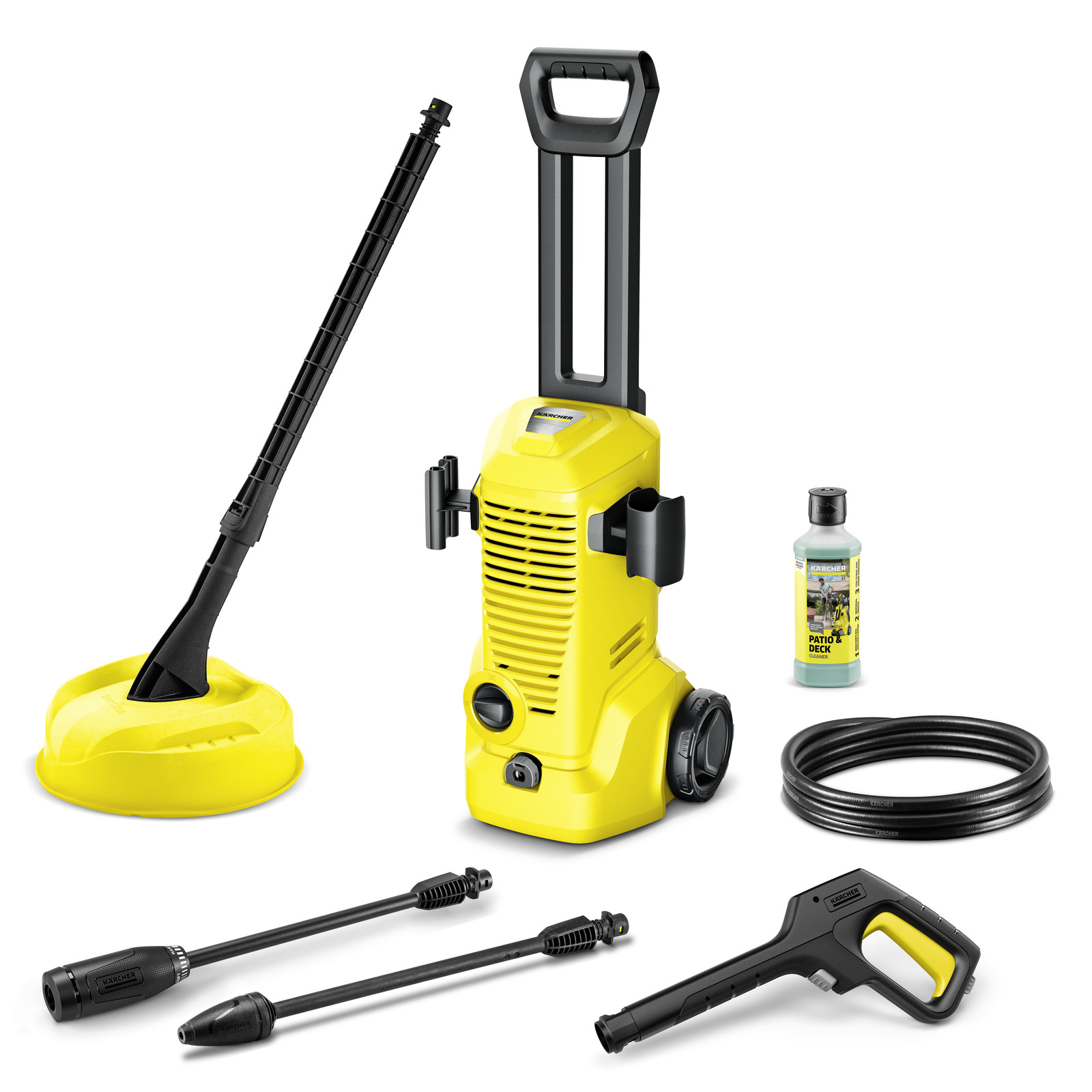 Yellow Kärcher high-pressure cleaner with accessories including a hose, detergent bottle, spray gun, and surface cleaner attachment.