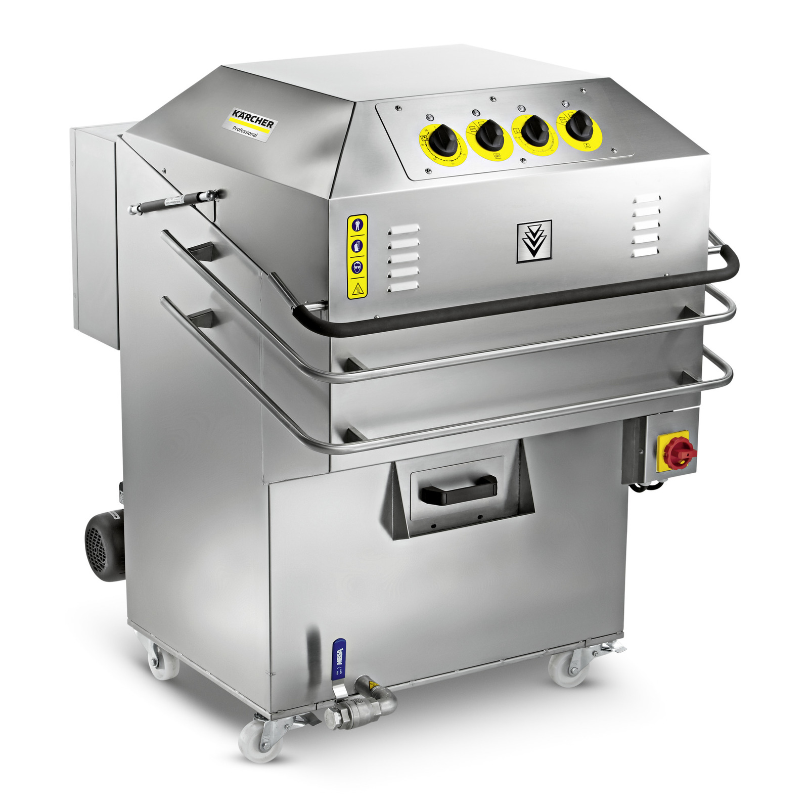 Kärcher industrial cleaning machine with stainless steel body, control knobs, safety features, and wheels for mobility.
