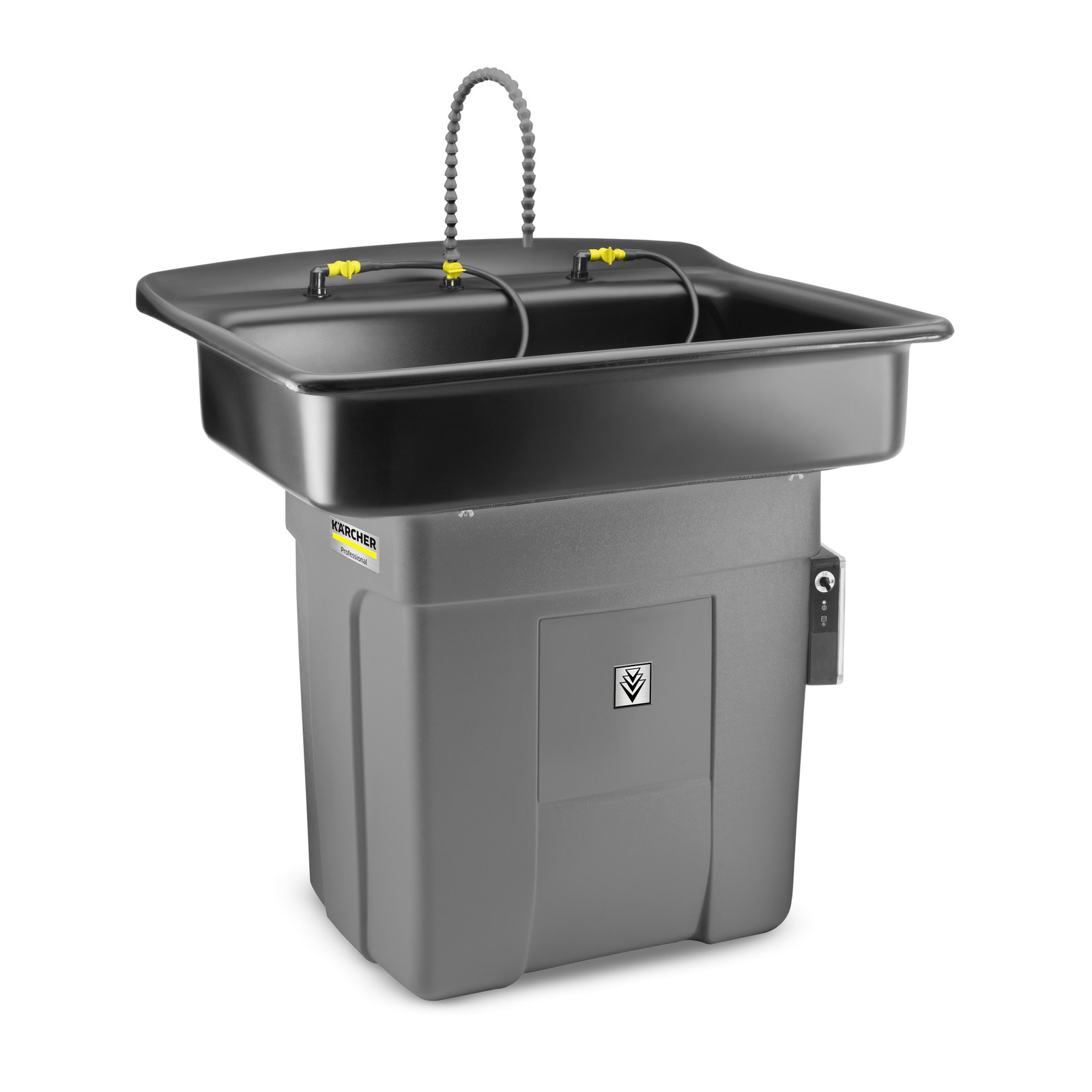Kärcher parts cleaner with a black basin, flexible hose, and control panel on the side. Kärcher parts cleaner with a black basin, flexible hose, and control panel on the side.