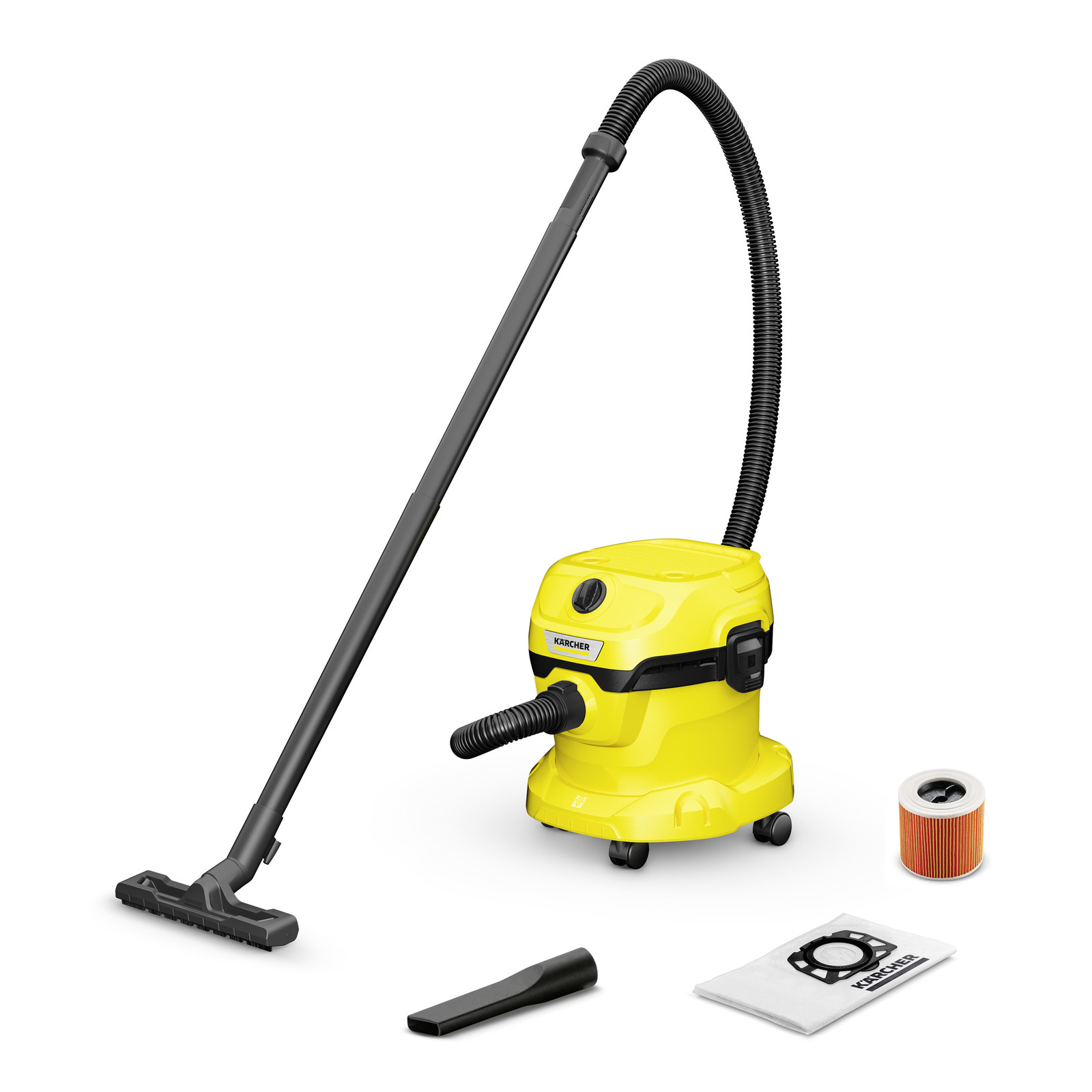 Aspirator Kärcher galben cu accesorii: duză, filtru cilindric și sac de praf, pe fundal alb.