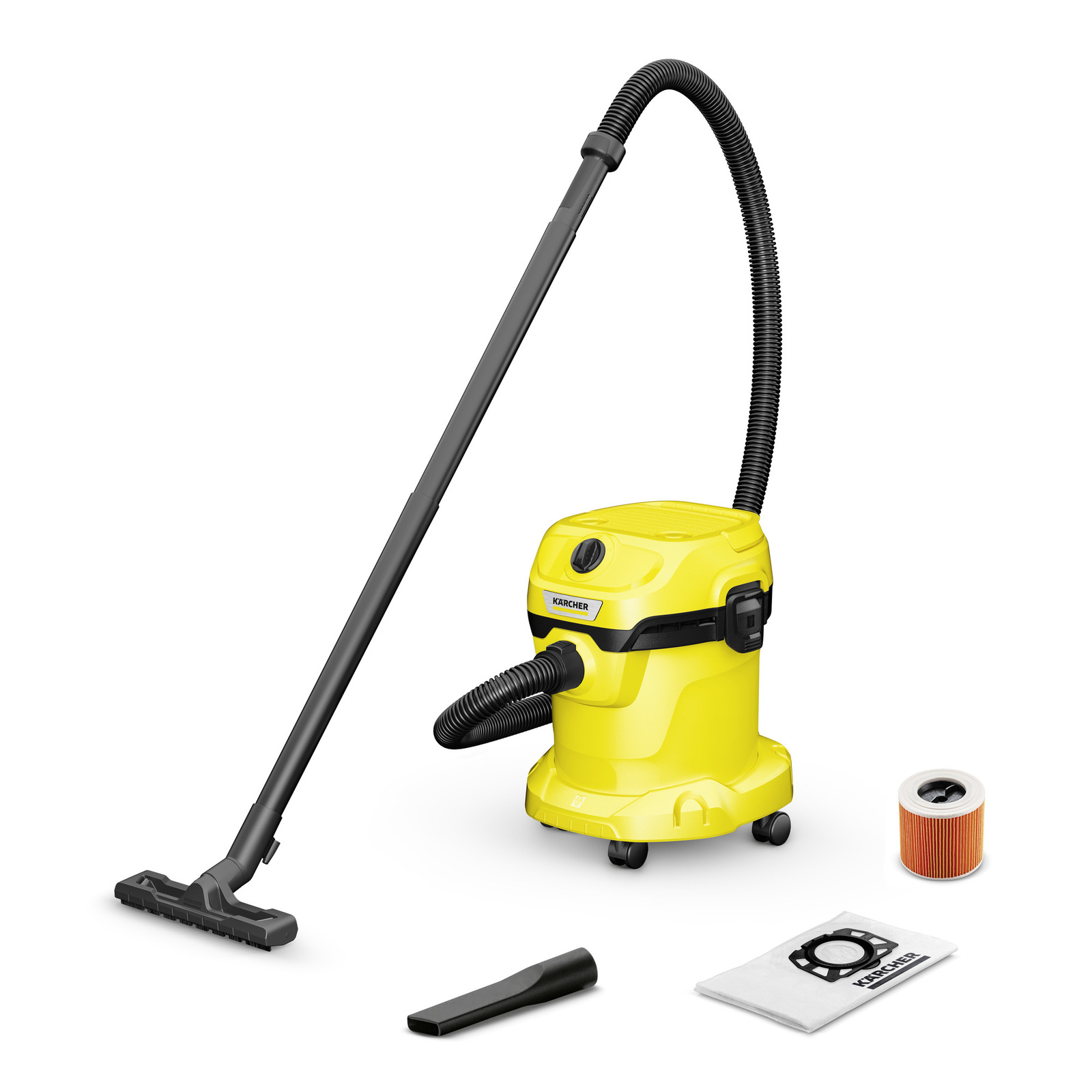 Yellow Kärcher wet and dry vacuum cleaner with hose, floor nozzle, crevice tool, filter, and dust bag on white background.