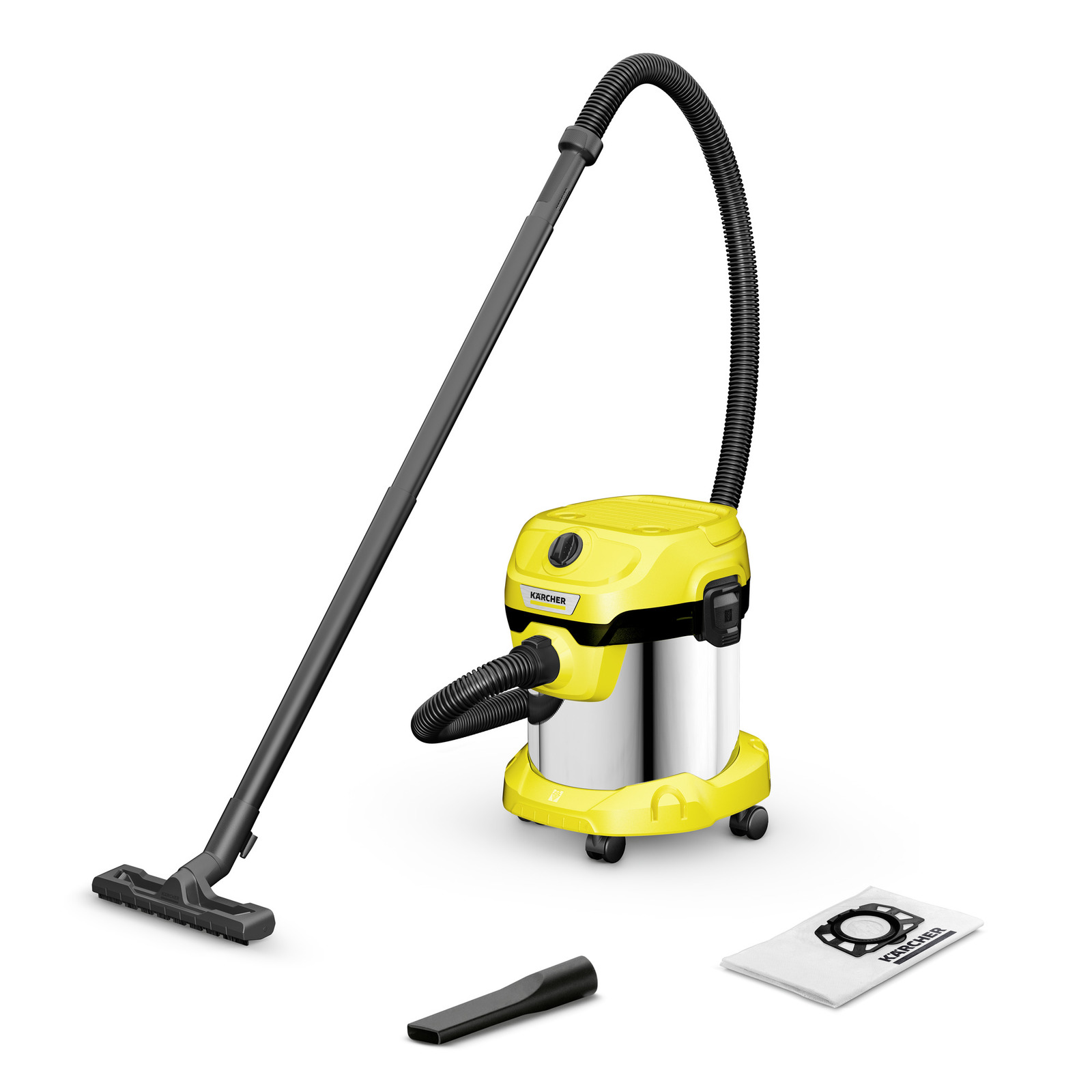 Aspirator Kärcher galben cu tub negru, accesorii incluse: duză și sac de praf, pe fundal alb.