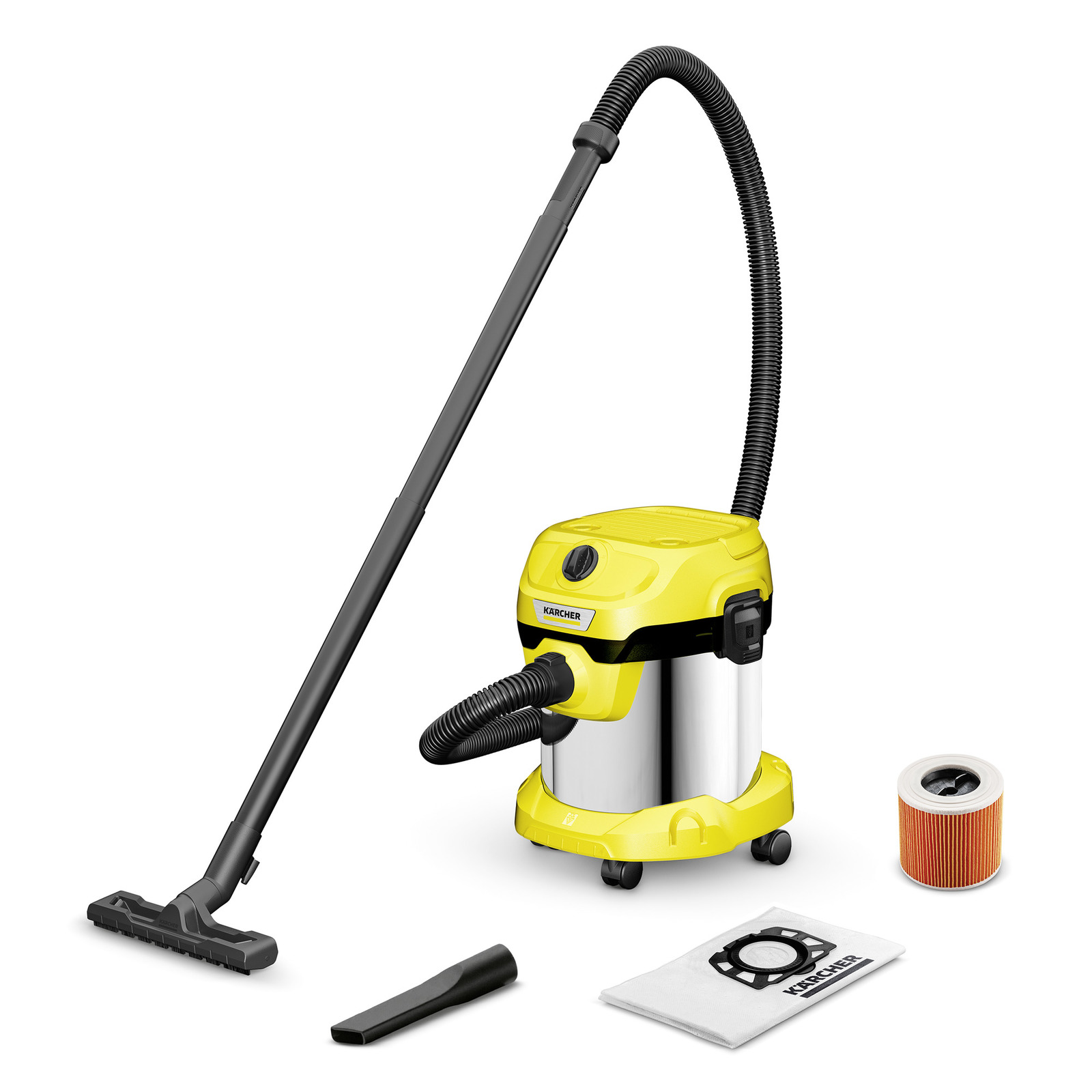 Yellow Kärcher wet and dry vacuum cleaner with accessories including a nozzle, filter, and dust bag on a white background. Yellow Kärcher wet and dry vacuum cleaner with accessories including a nozzle, filter, and dust bag on a white background.