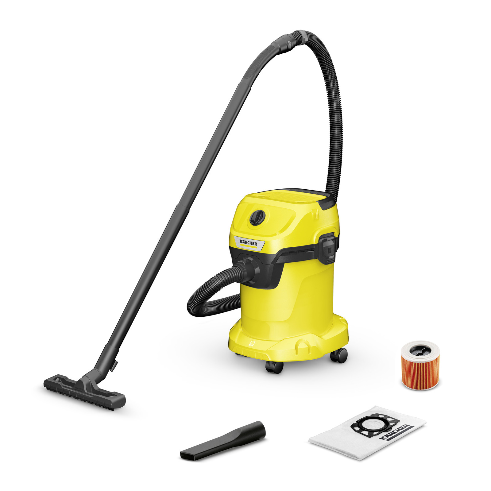 Yellow Kärcher wet and dry vacuum cleaner with hose, nozzle, filter, and dust bag on white background.