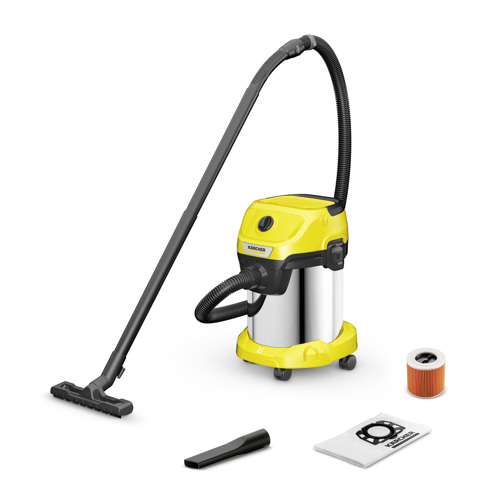 Kärcher wet and dry vacuum cleaner with accessories including a nozzle, filter, and dust bag on a white background.