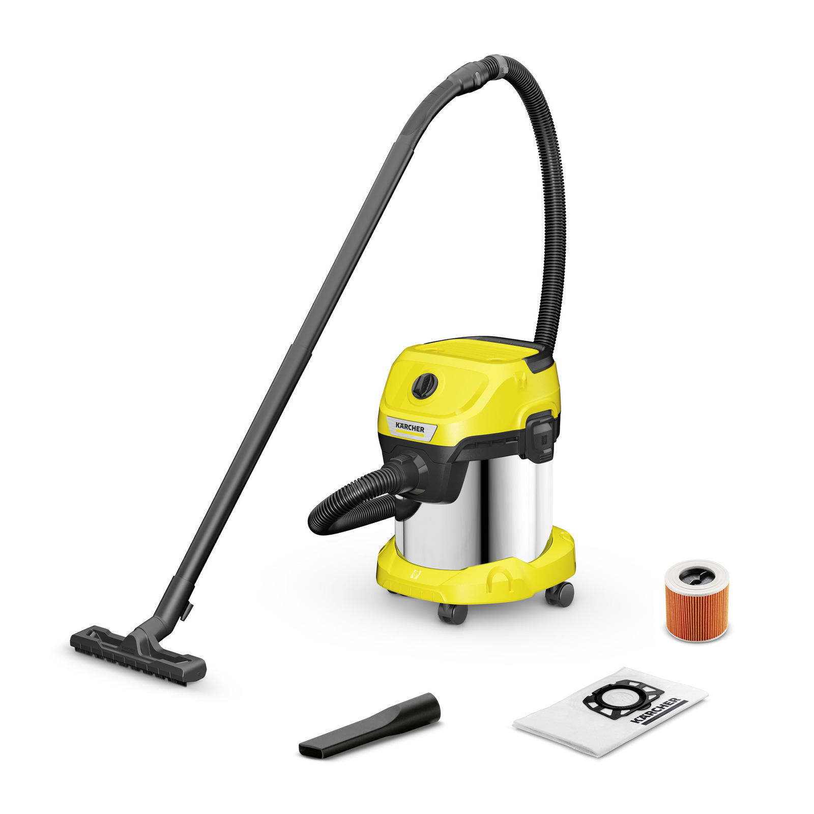 Aspirador Kärcher amarelo com acessórios: bocal, filtro laranja e saco de pó. Fundo branco.