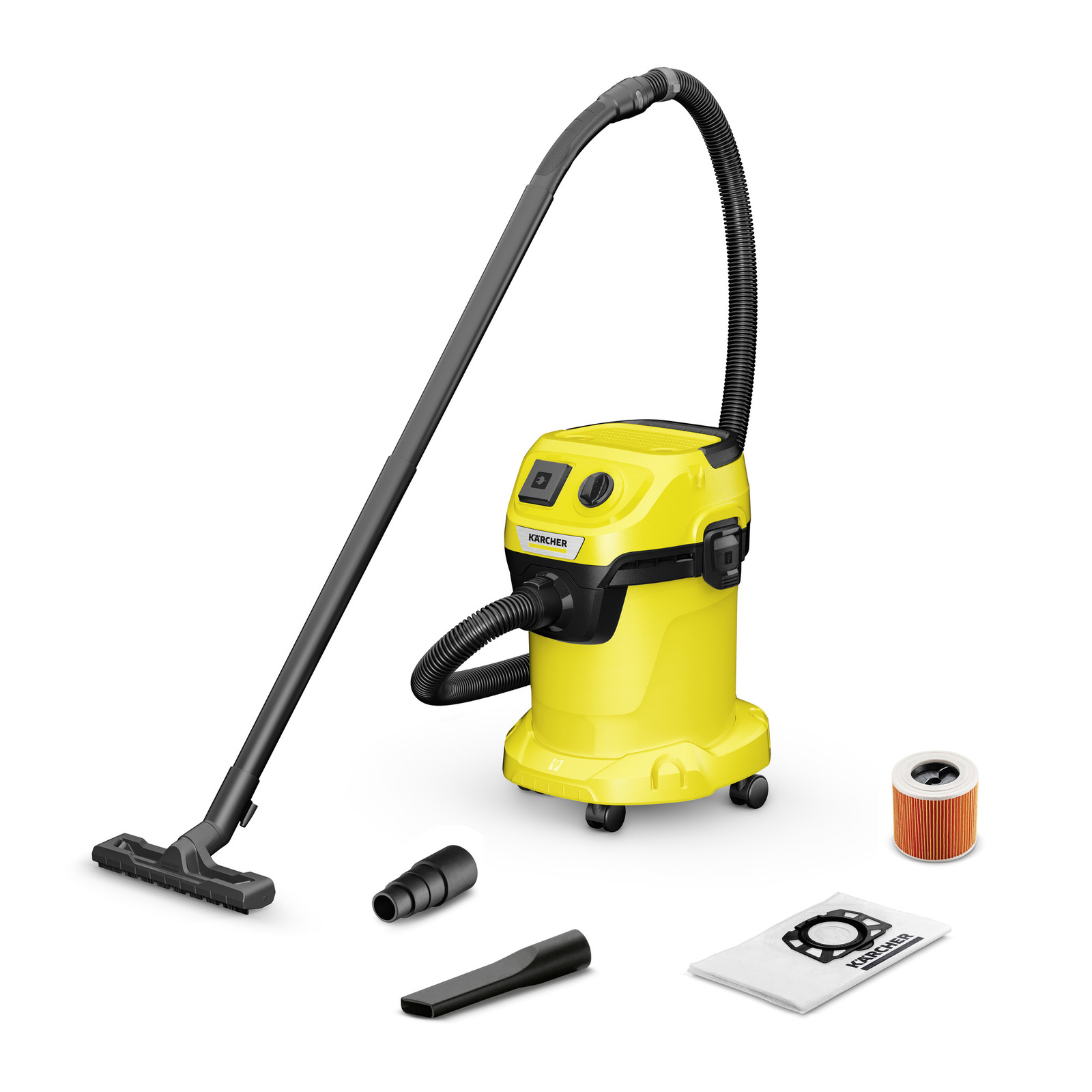 Aspirator Kärcher galben cu accesorii: furtun, duză, filtru portocaliu și sac de praf.