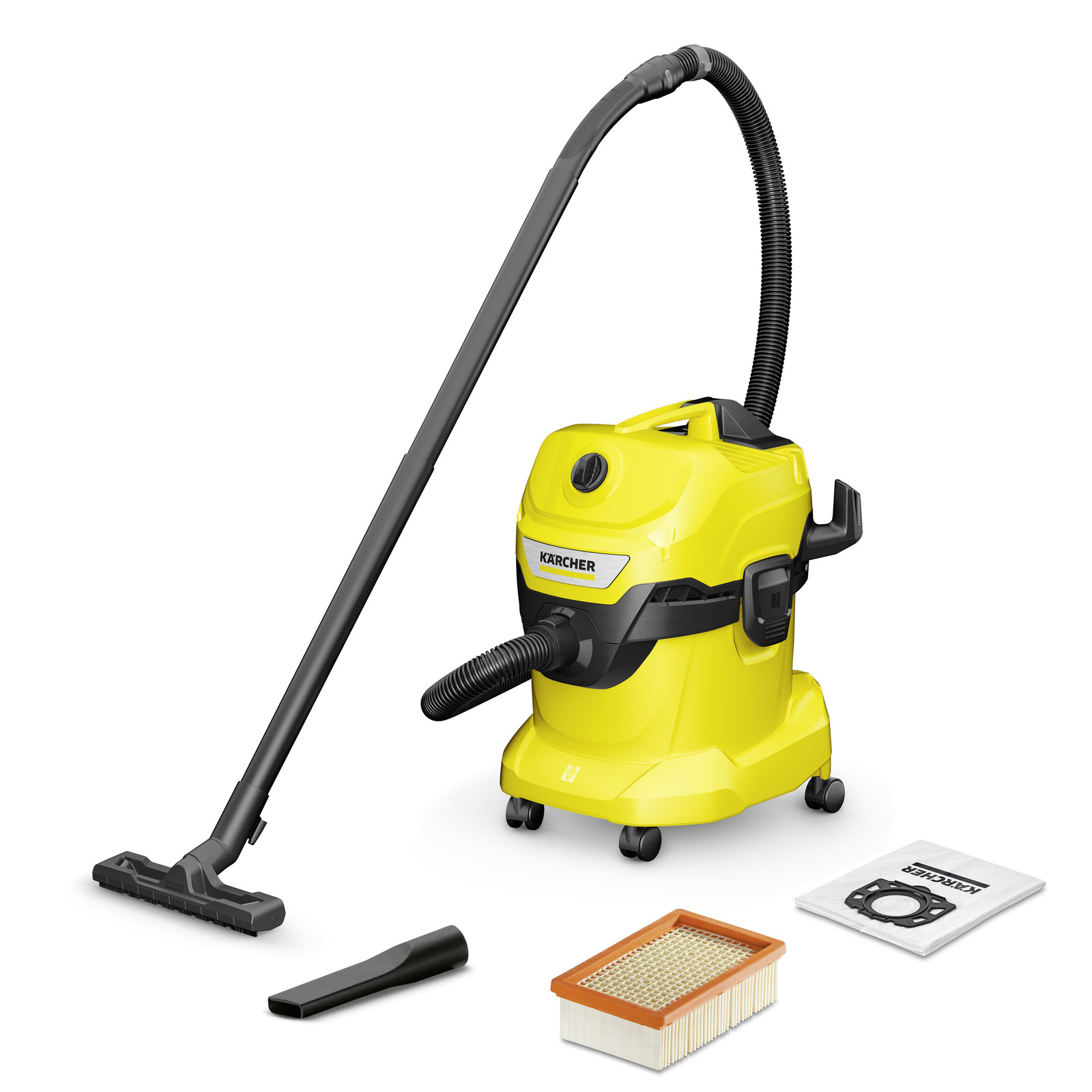 Yellow Kärcher wet and dry vacuum cleaner with hose, nozzle, filter, and dust bag on white background. Yellow Kärcher wet and dry vacuum cleaner with hose, nozzle, filter, and dust bag on white background.